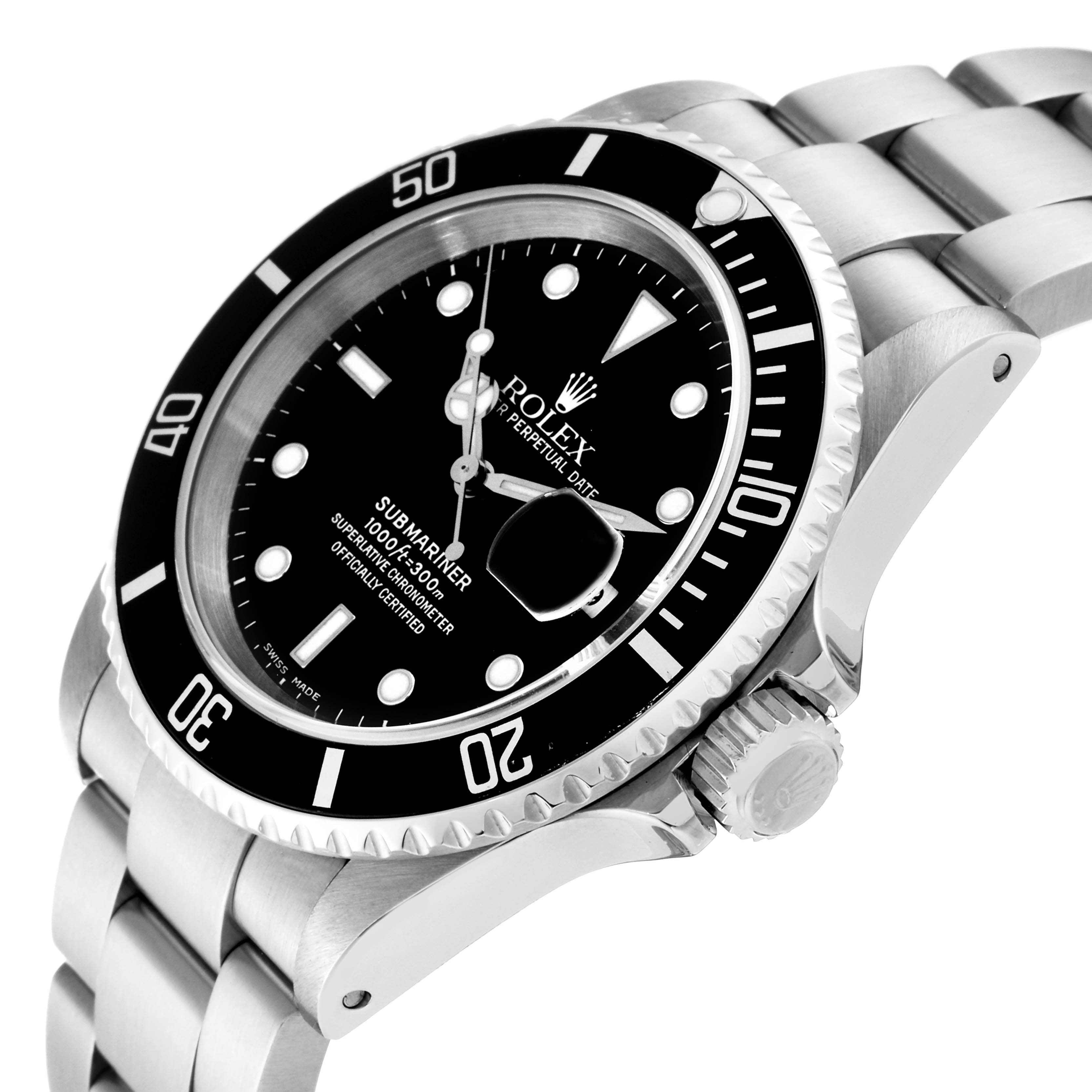 The image shows a side angle view of the Rolex Submariner 16610 Men
s Stainless Steel Black Dial 16610 Men
s Stainless Steel Black Dial watch, highlighting the bezel, dial, crown, and bracelet.