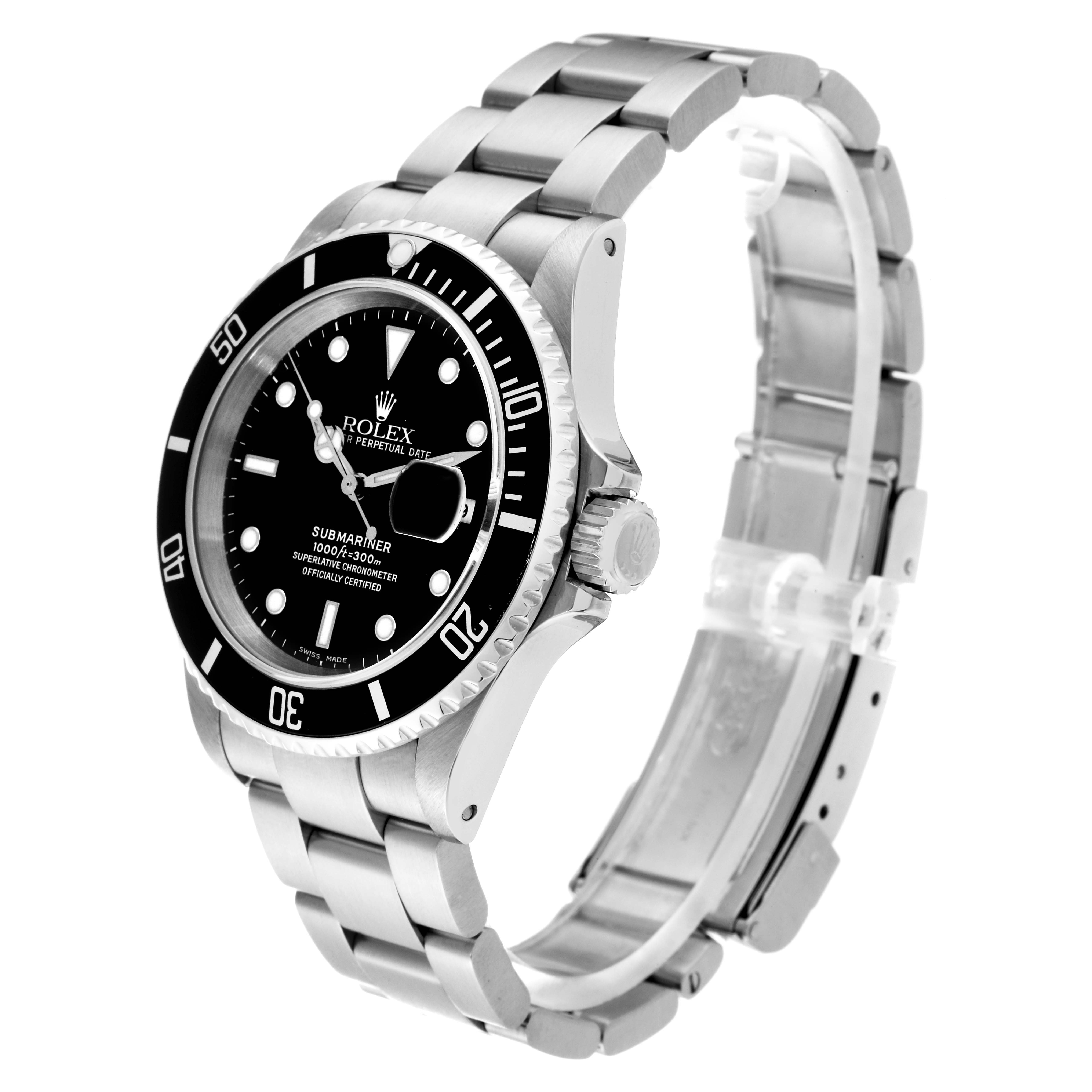 The Rolex Submariner 16610 Men
s Stainless Steel Black Dial 16610 Men
s Stainless Steel Black Dial watch is shown at a three-quarter angle, displaying the face, bezel, crown, and stainless steel bracelet.