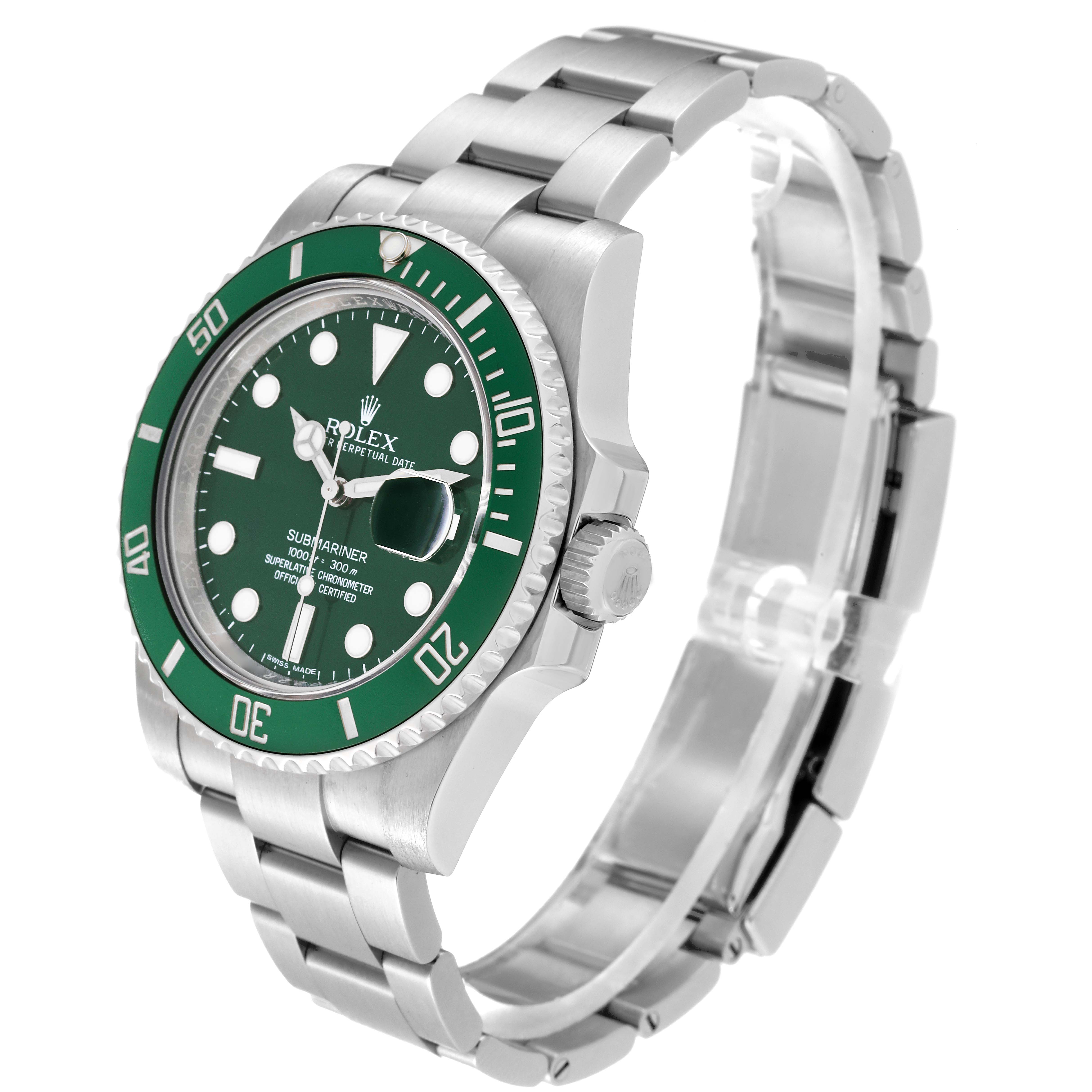 The image shows a Rolex Submariner 116610LV Men's Stainless Steel Green Dial 116610LV Men's Stainless Steel Green Dial model watch at a side angle, highlighting its green bezel, bracelet, and crown.