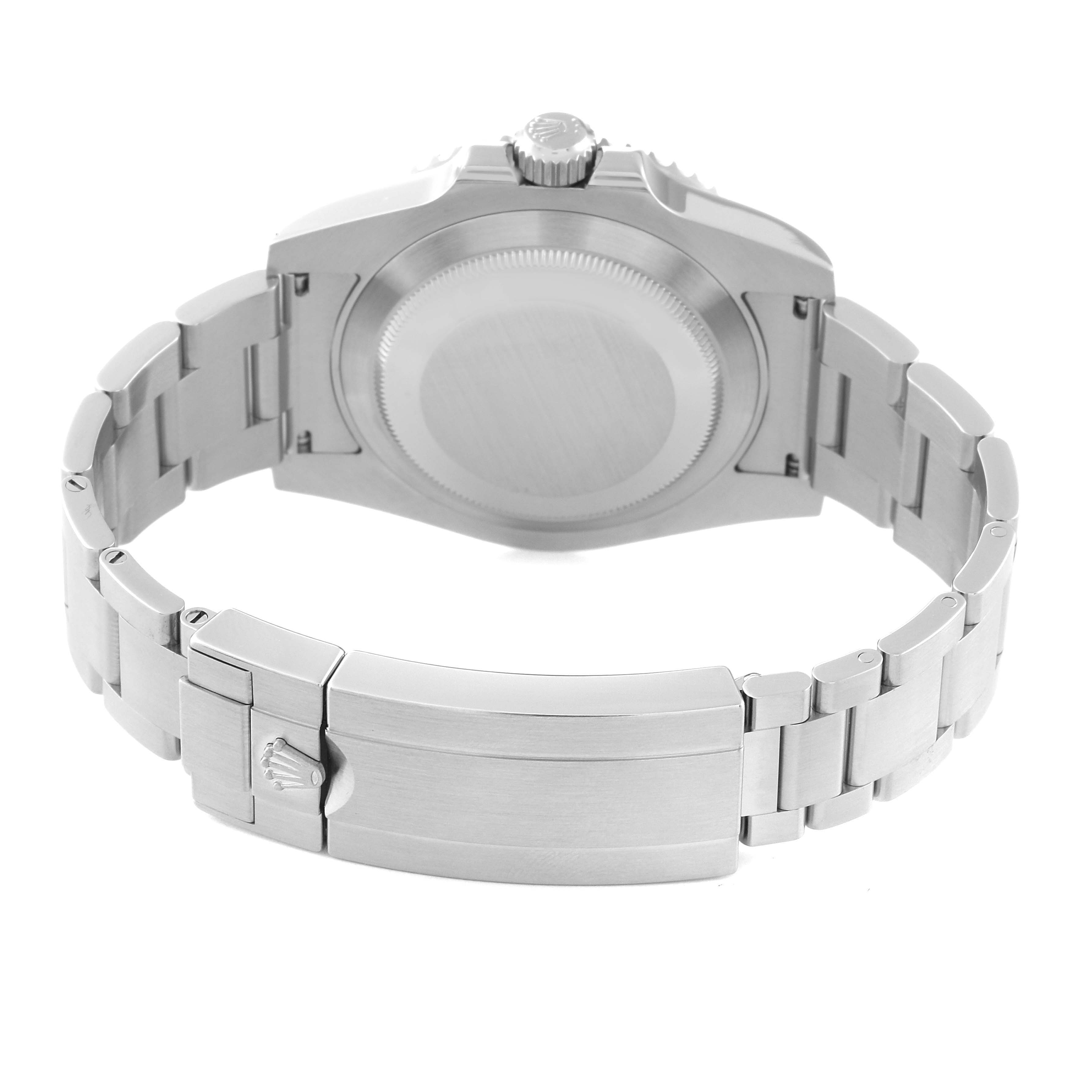 This image shows the back view of a Rolex Submariner 116610LV Men's Stainless Steel Green Dial 116610LV Men's Stainless Steel Green Dial watch featuring the case back, bracelet, and clasp.