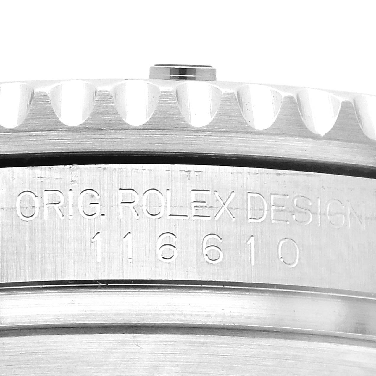 The image shows a close-up of the side of a Rolex Submariner 116610LV Men's Stainless Steel Green Dial 116610LV Men's Stainless Steel Green Dial watch case, highlighting the model number 116610.