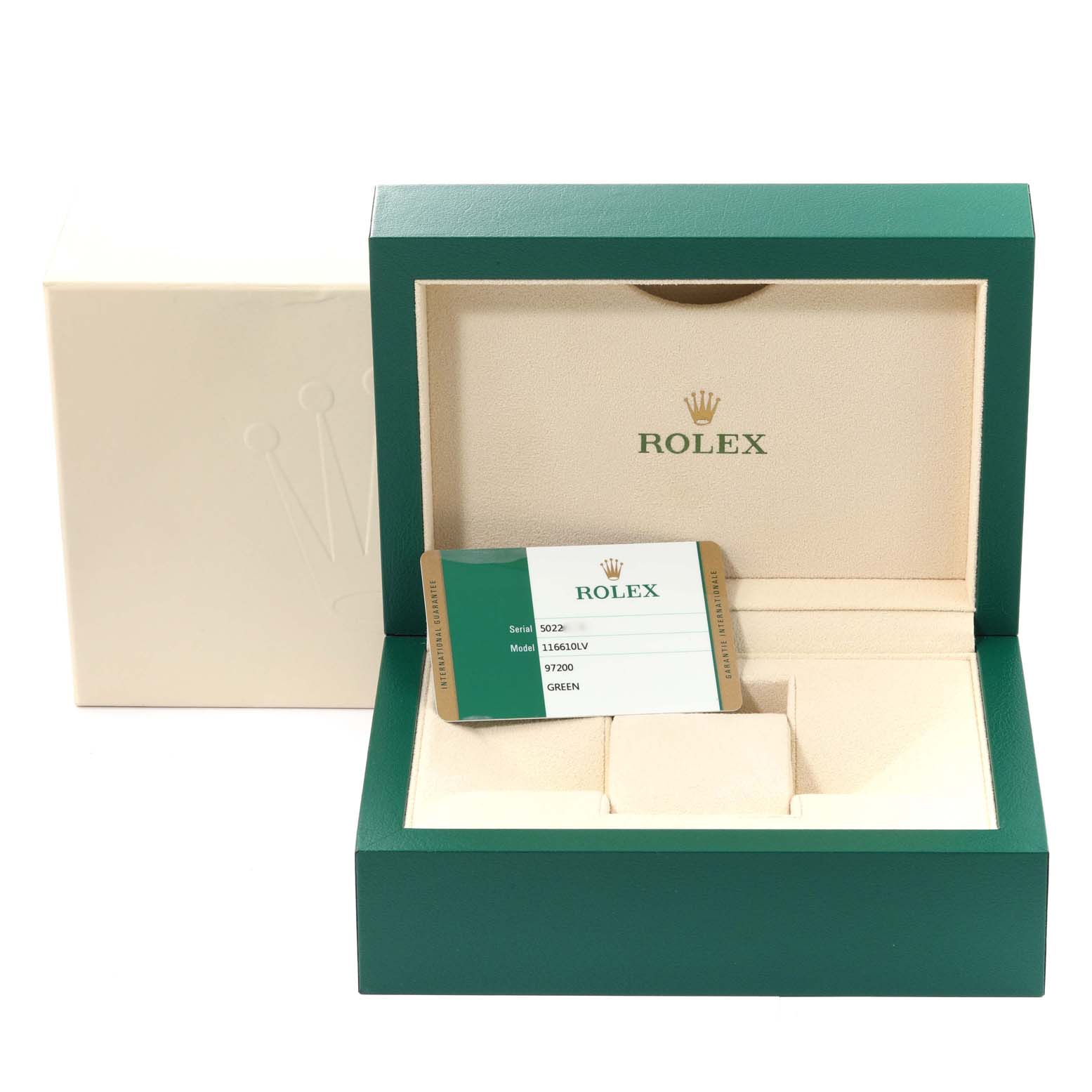 The image shows the packaging box and certification card for a Rolex Submariner 116610LV Men's Stainless Steel Green Dial 116610LV Men's Stainless Steel Green Dial model.