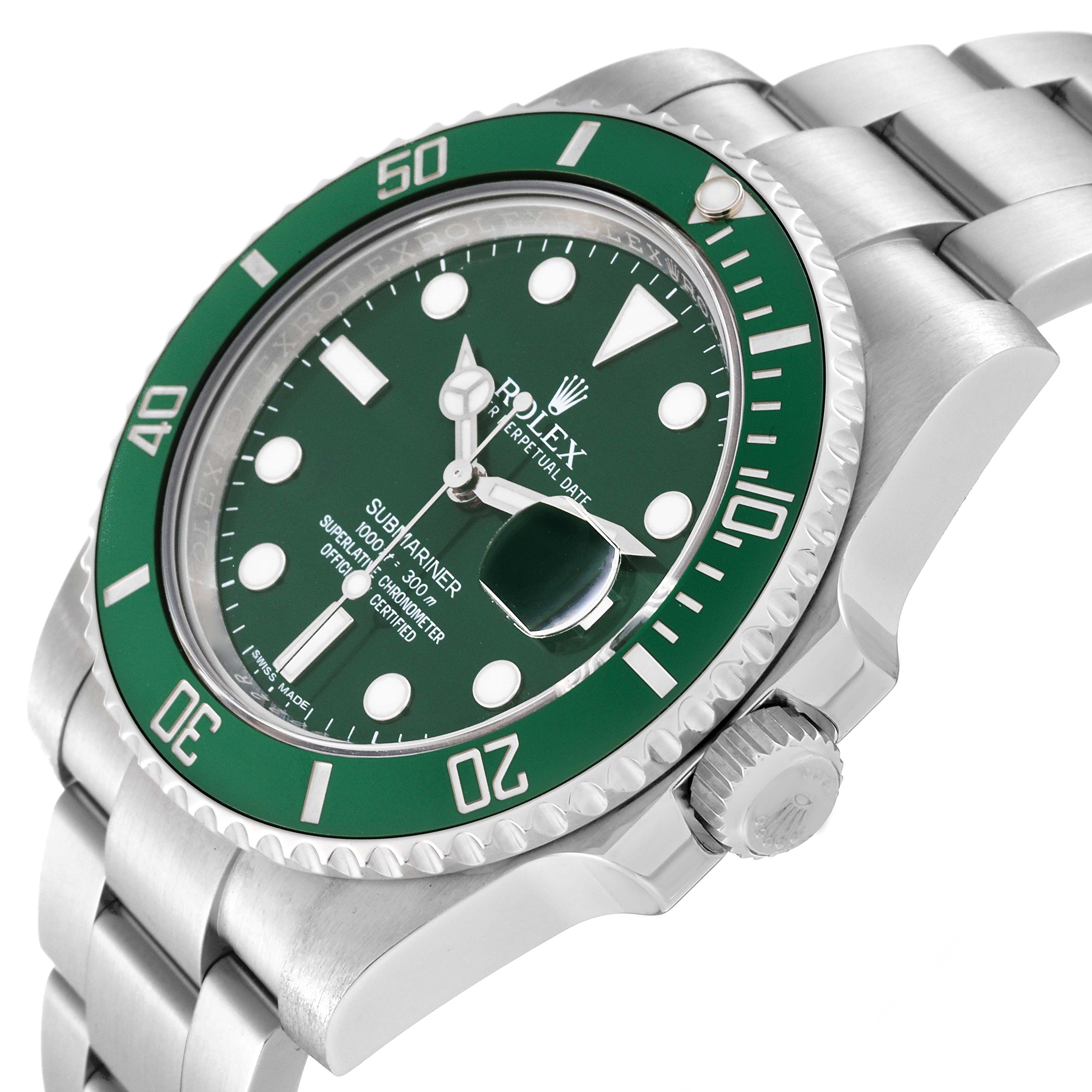 The image shows a side angle view of a Rolex Submariner 116610LV Men's Stainless Steel Green Dial 116610LV Men's Stainless Steel Green Dial watch, focusing on its green bezel, green dial, and silver bracelet.