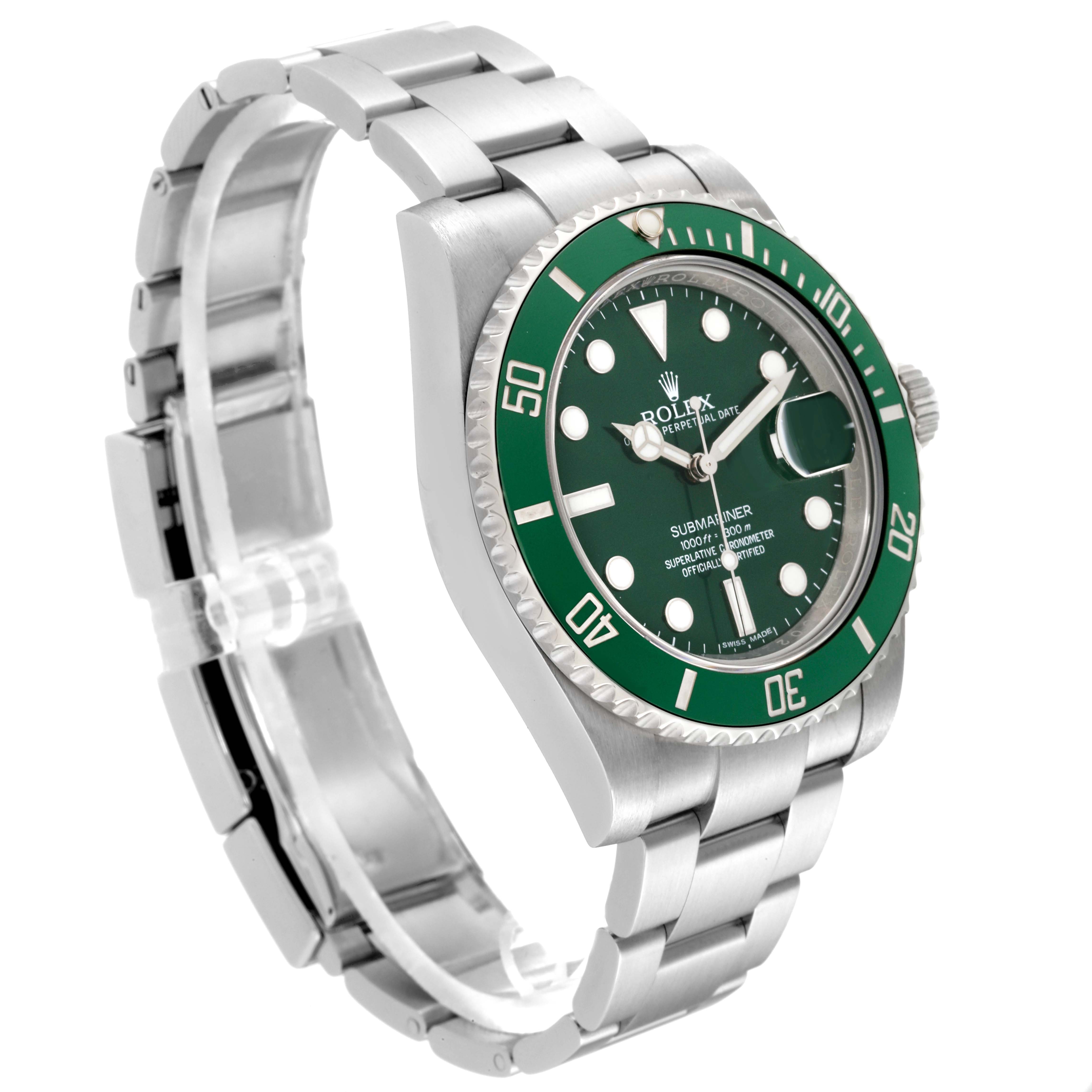 The image shows a side angle view of the Rolex Submariner 116610LV Men's Stainless Steel Green Dial 116610LV Men's Stainless Steel Green Dial watch with a green bezel and dial, along with its stainless steel bracelet.