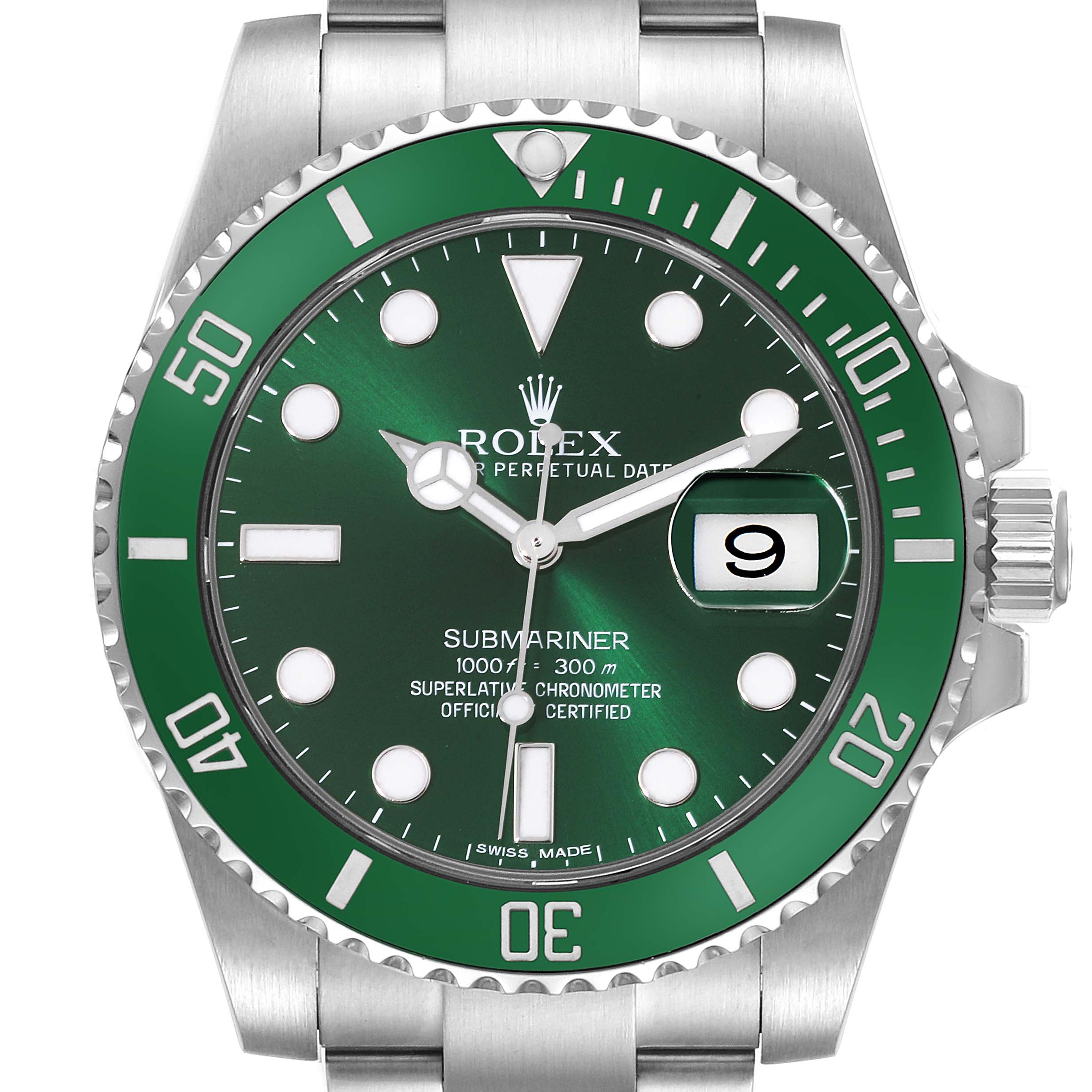 The image shows the front view of a Rolex Submariner 116610LV Men's Stainless Steel Green Dial 116610LV Men's Stainless Steel Green Dial watch, displaying its green dial and bezel, silver bracelet, and crown.