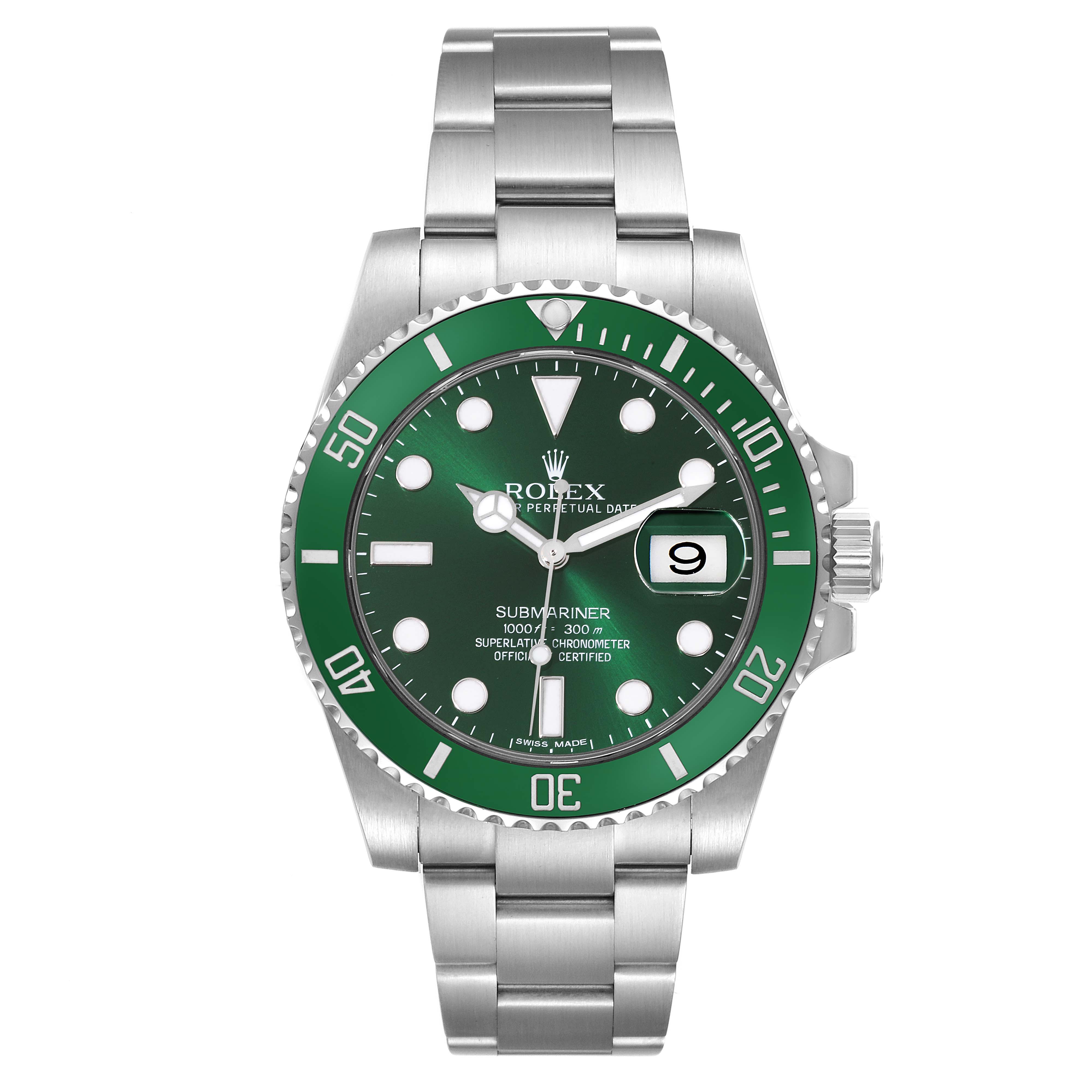 The image shows a front view of a Rolex Submariner 116610LV Men's Stainless Steel Green Dial 116610LV Men's Stainless Steel Green Dial watch with a green bezel and dial, displaying the bracelet and crown.