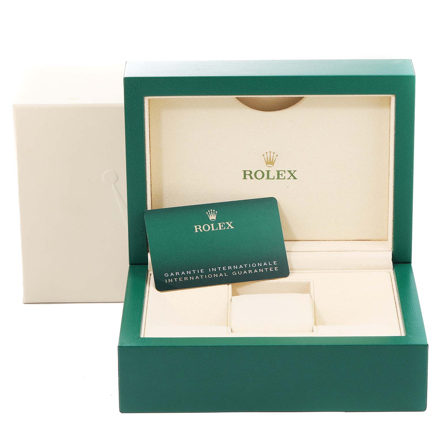 The image shows a Rolex Submariner 124060 Men
s Stainless Steel Black Dial 124060 Men
s Stainless Steel Black Dial watch box and international guarantee card from a front angle.