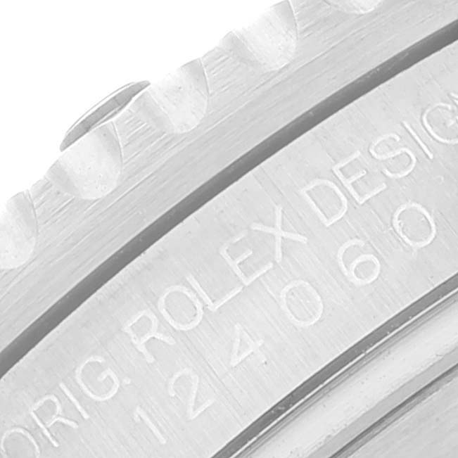 This image shows a close-up of the bezel and engraved reference number on a Rolex Submariner 124060 Men
s Stainless Steel Black Dial 124060 Men
s Stainless Steel Black Dial watch.