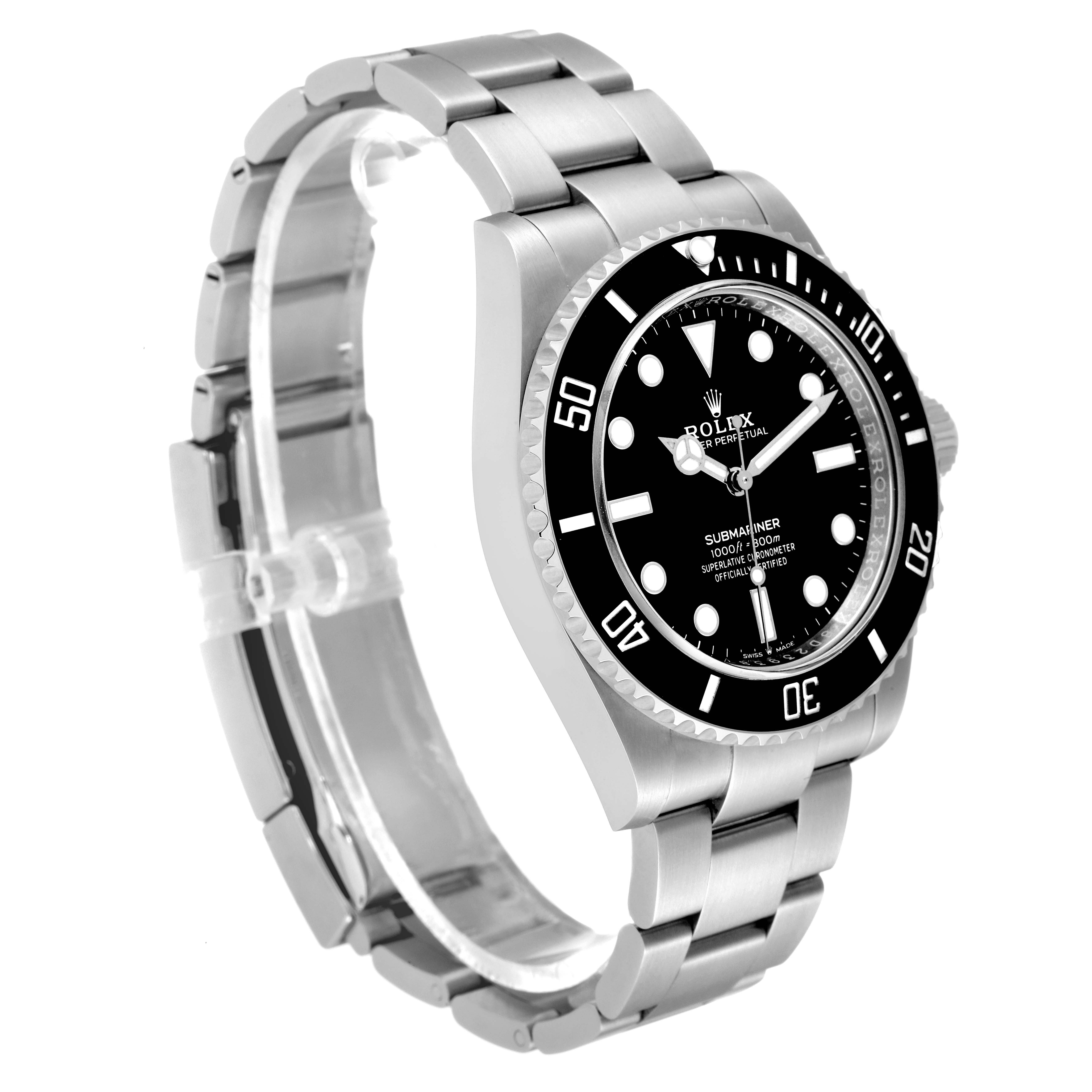 The image shows a side profile of a Rolex Submariner 124060 Men
s Stainless Steel Black Dial 124060 Men
s Stainless Steel Black Dial watch, featuring its stainless steel bracelet and black bezel.