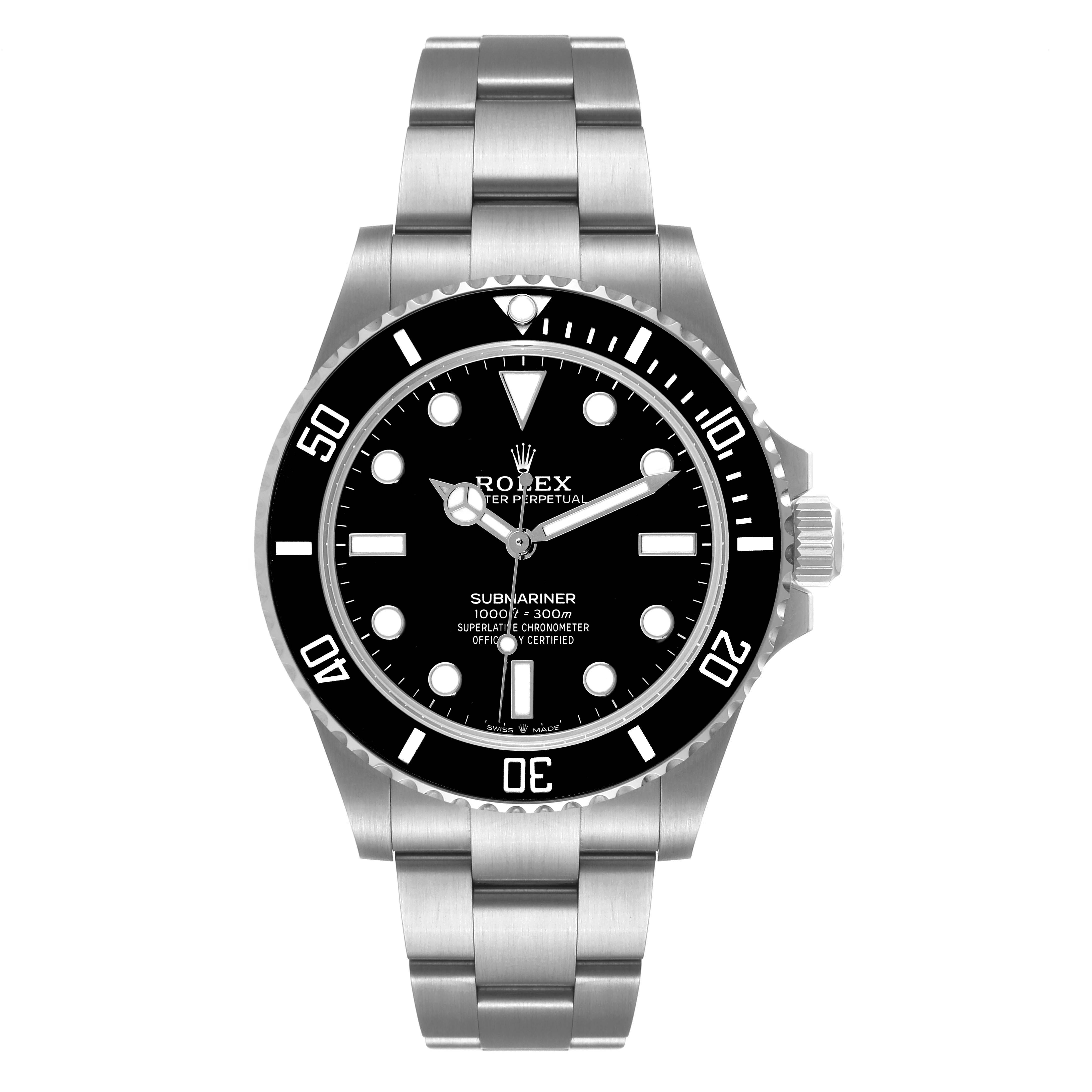 This image shows a frontal view of the Rolex Submariner 124060 Men
s Stainless Steel Black Dial 124060 Men
s Stainless Steel Black Dial watch, including the bezel, dial, hands, bracelet, and crown.