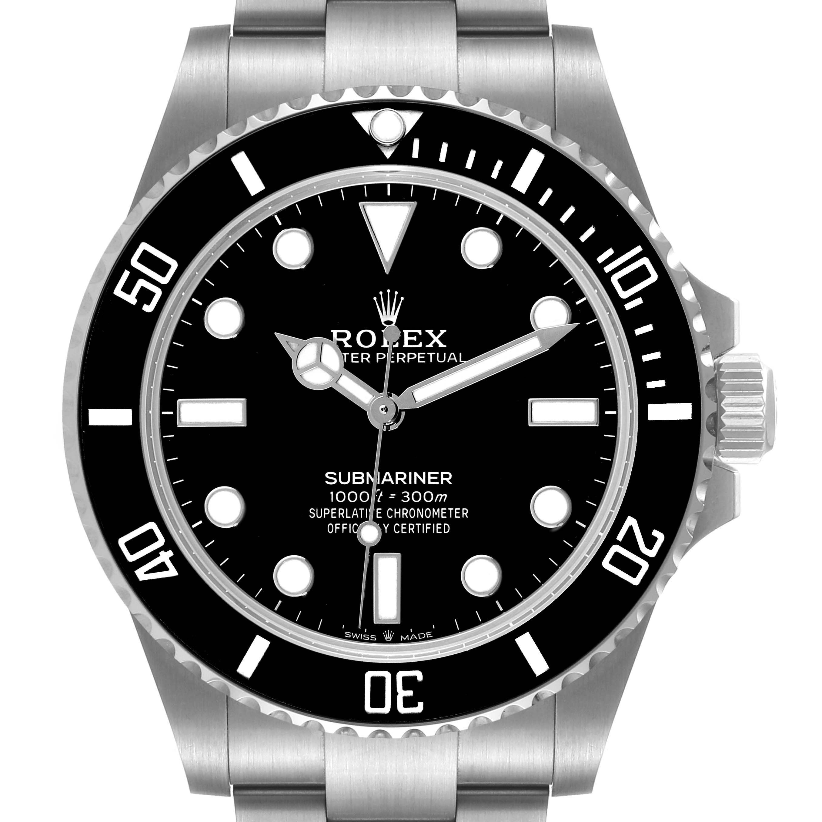 This image shows a front view of a Rolex Submariner 124060 Men
s Stainless Steel Black Dial 124060 Men
s Stainless Steel Black Dial watch, displaying its face, bezel, and part of the bracelet.