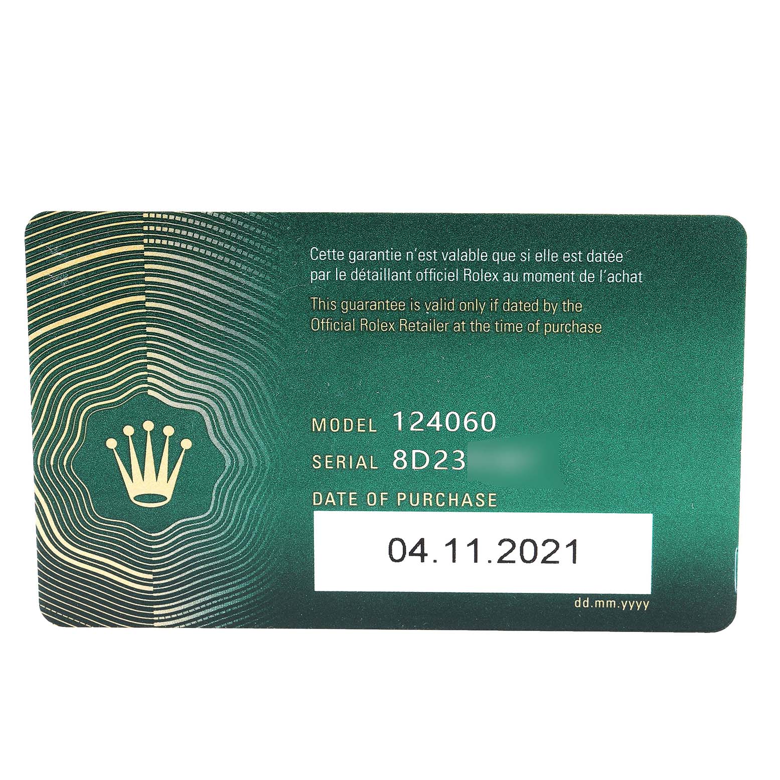 The image shows the warranty card for a Rolex Submariner 124060 Men
s Stainless Steel Black Dial 124060 Men
s Stainless Steel Black Dial model 124060, featuring purchase details.
