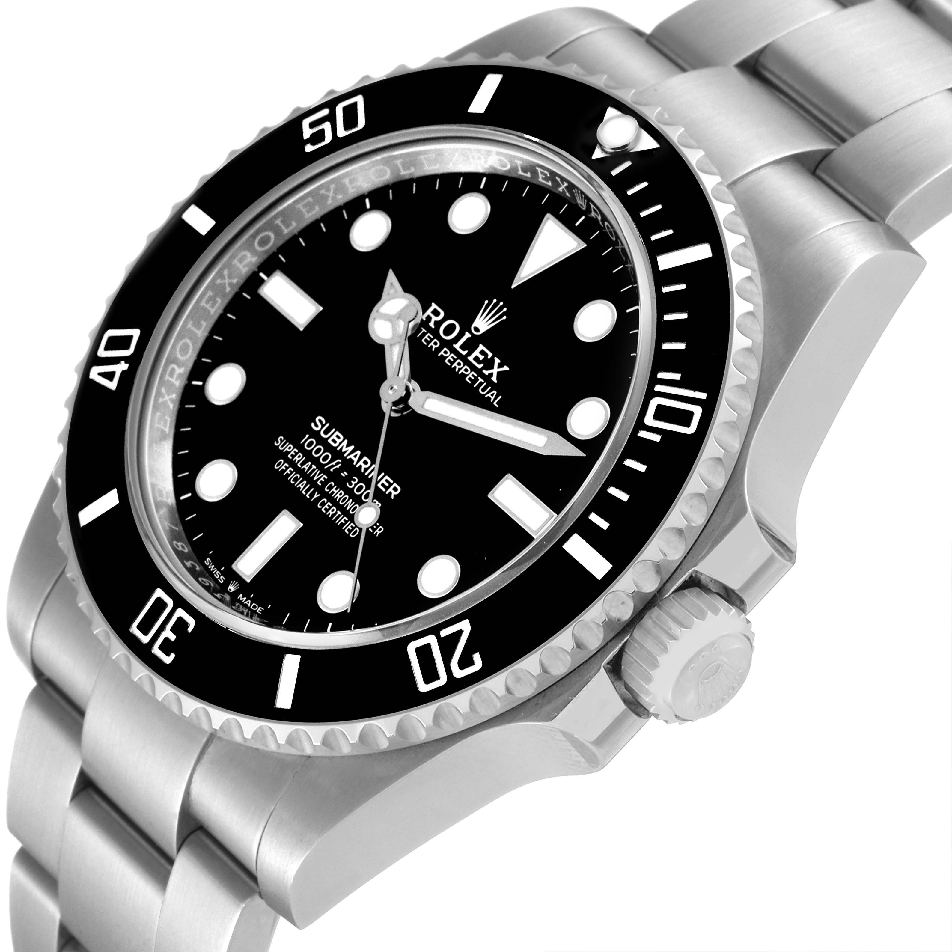 This image shows a close-up angle of a Rolex Submariner 124060 Men
s Stainless Steel Black Dial 124060 Men
s Stainless Steel Black Dial watch, highlighting the dial, bezel, crown, and part of the bracelet.
