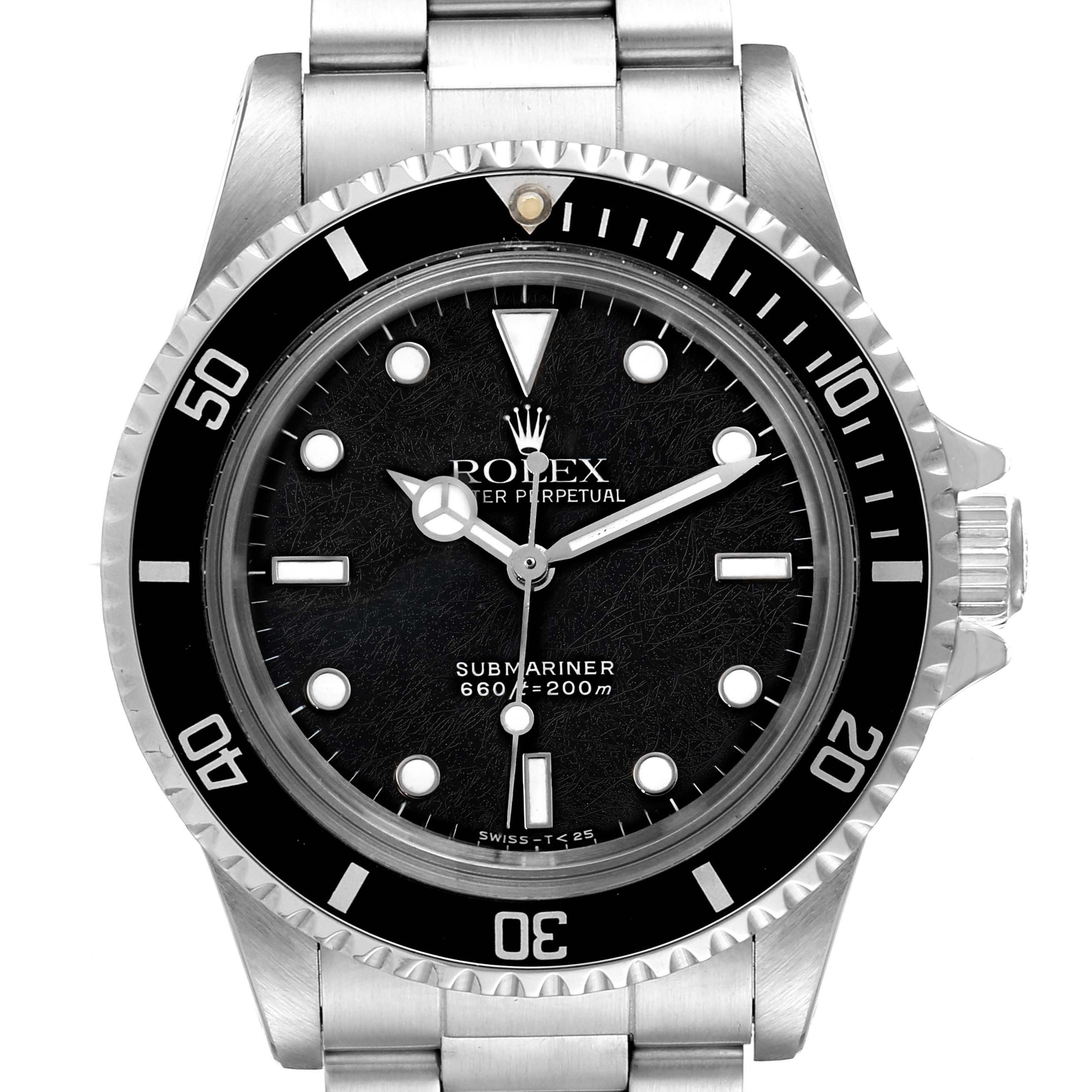 This image shows a frontal view of the dial and bezel of the Rolex Vintage Collection 5513 Men's Stainless Steel Black Dial 5513 Men's Stainless Steel Black Dial Submariner watch.