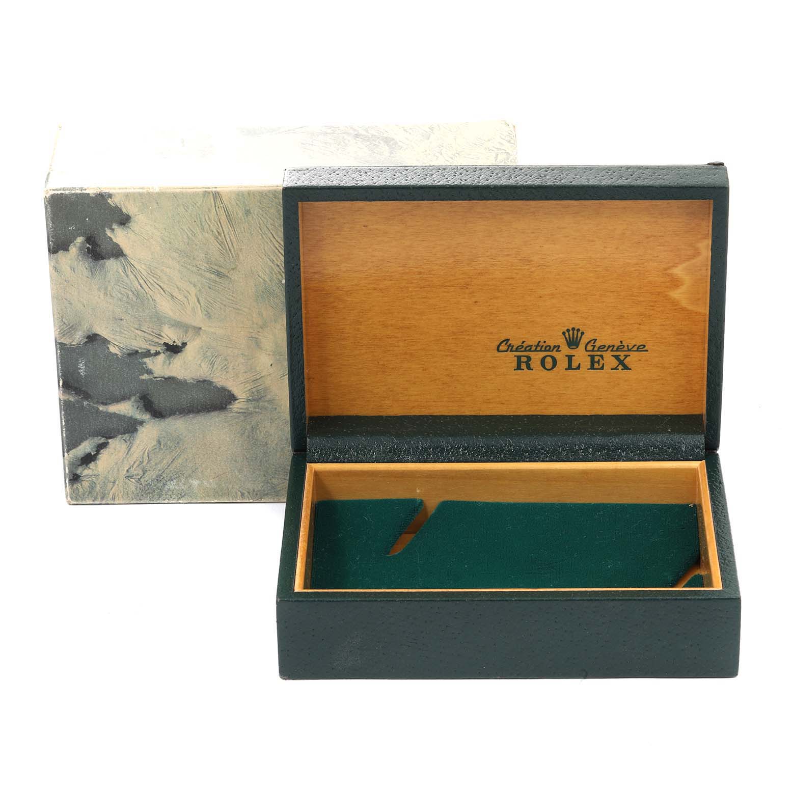 This image shows an open Vintage Collection Rolex watch box from the front angle, revealing the interior and lid logo.
