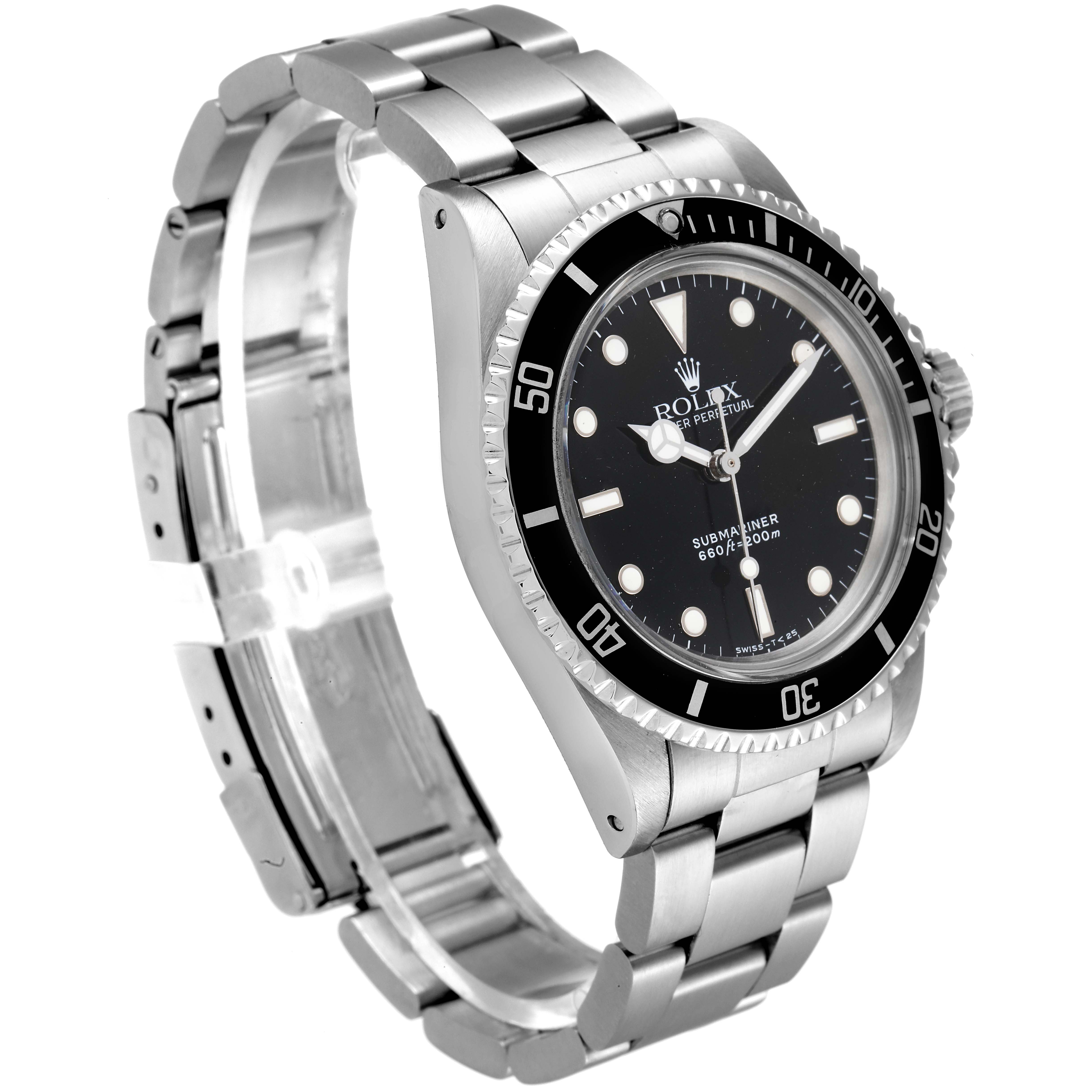 The image shows a side and front view of a Rolex Vintage Collection 5513 Men's Stainless Steel Black Dial 5513 Men's Stainless Steel Black Dial watch, highlighting its dial, bezel, and stainless steel bracelet.