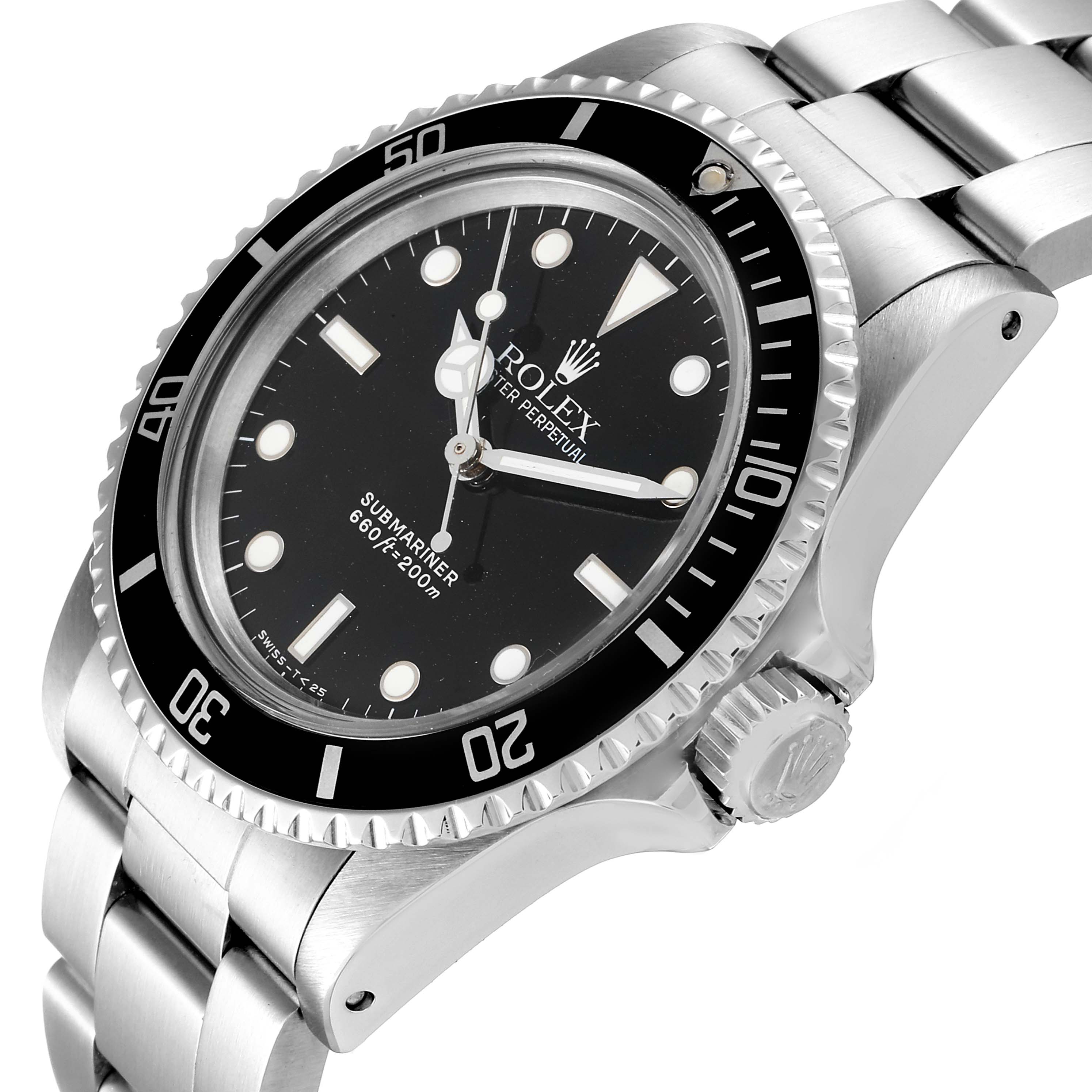 This image shows a Rolex Vintage Collection 5513 Men's Stainless Steel Black Dial 5513 Men's Stainless Steel Black Dial watch from an angled side view, highlighting the dial, bezel, and part of the bracelet.