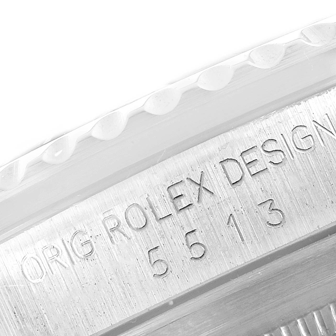 The image shows a close-up of the engraved caseback of the Rolex Vintage Collection 5513 Men's Stainless Steel Black Dial 5513 Men's Stainless Steel Black Dial model 5513.