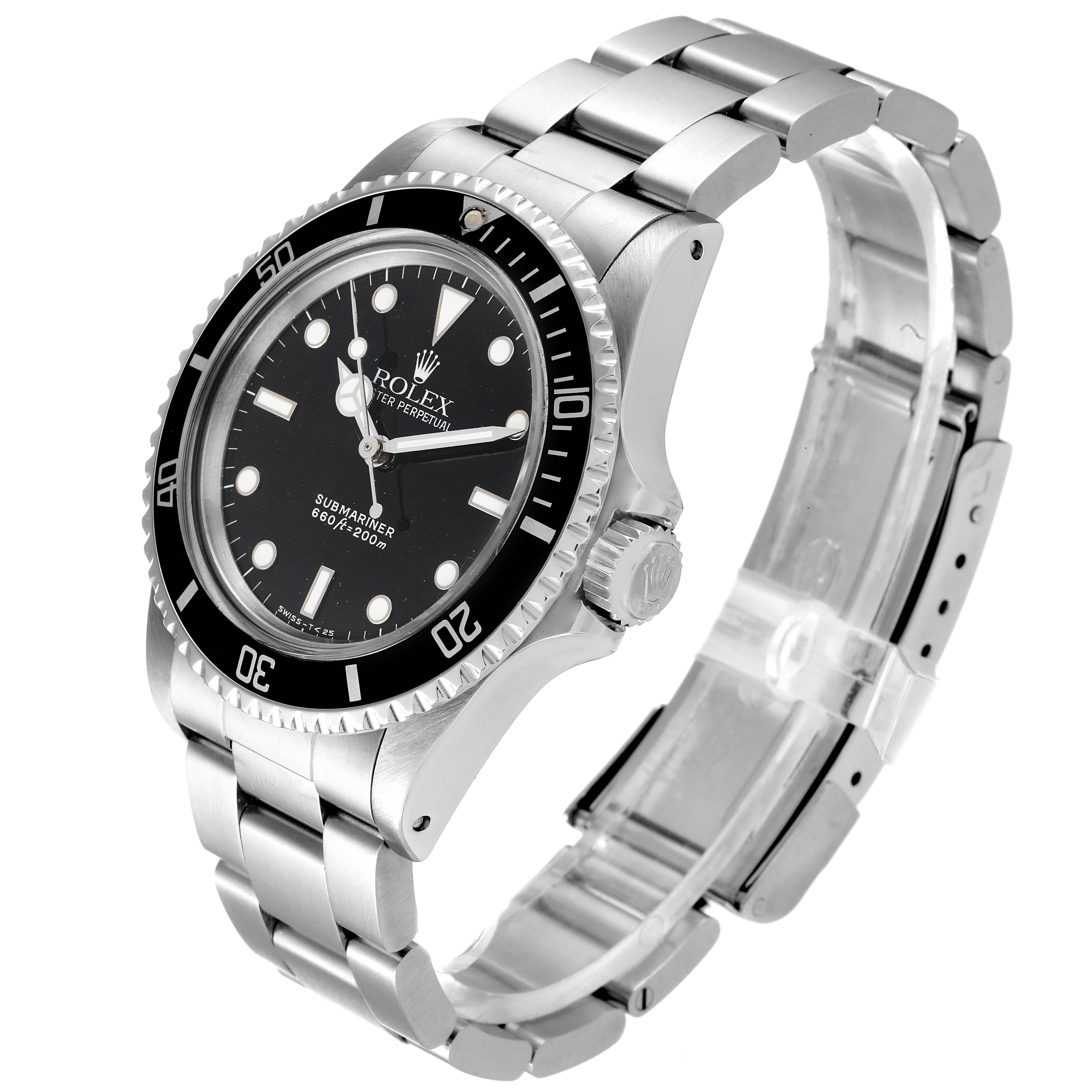 The image shows a side angle of the Rolex Vintage Collection 5513 Men's Stainless Steel Black Dial 5513 Men's Stainless Steel Black Dial Submariner, highlighting its black dial, bezel, and stainless steel bracelet.