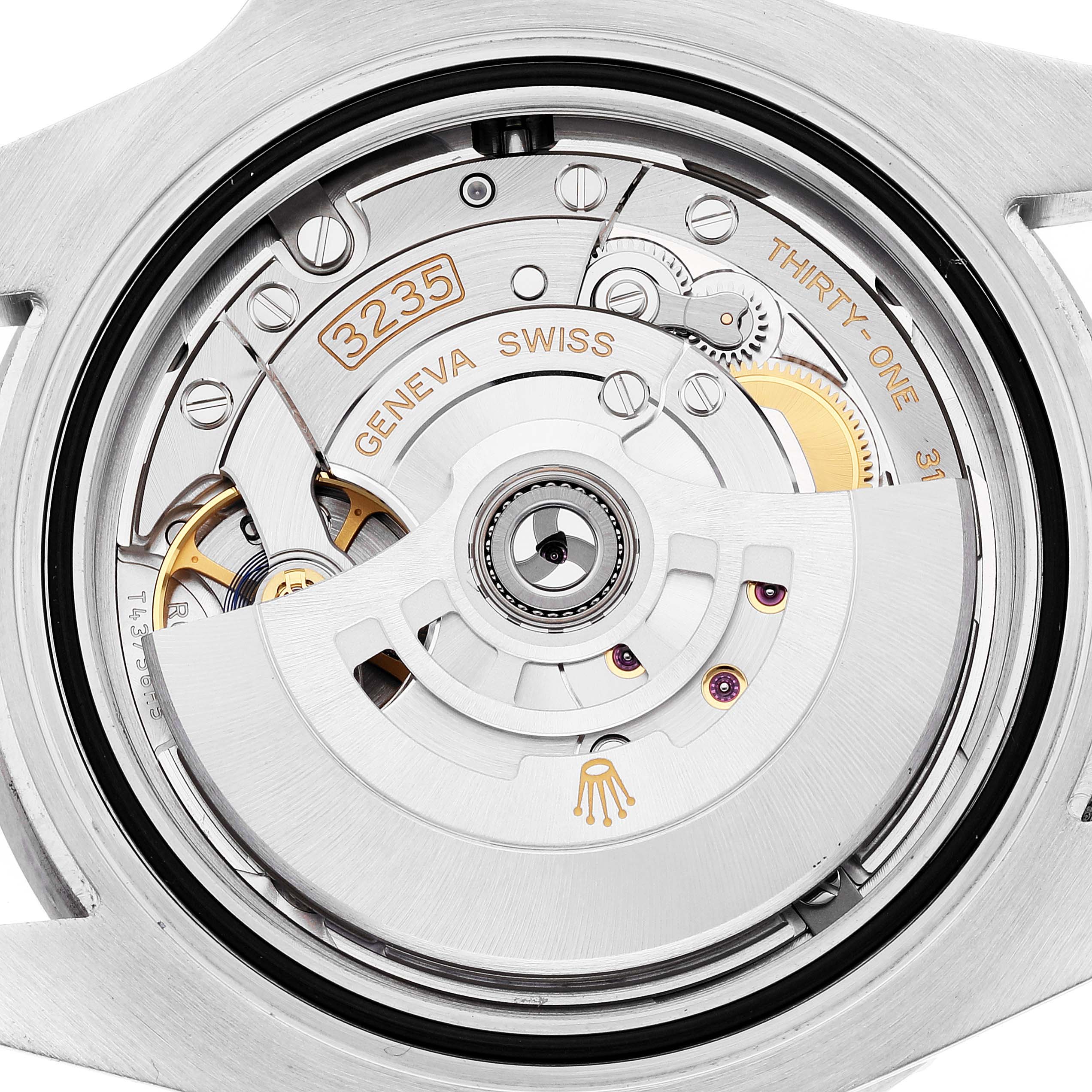 The image shows the Rolex Submariner 126610LV Men
s Stainless Steel Black Dial 126610LV Men
s Stainless Steel Black Dial
s movement from a rear angle, highlighting the rotor and intricate internal components.