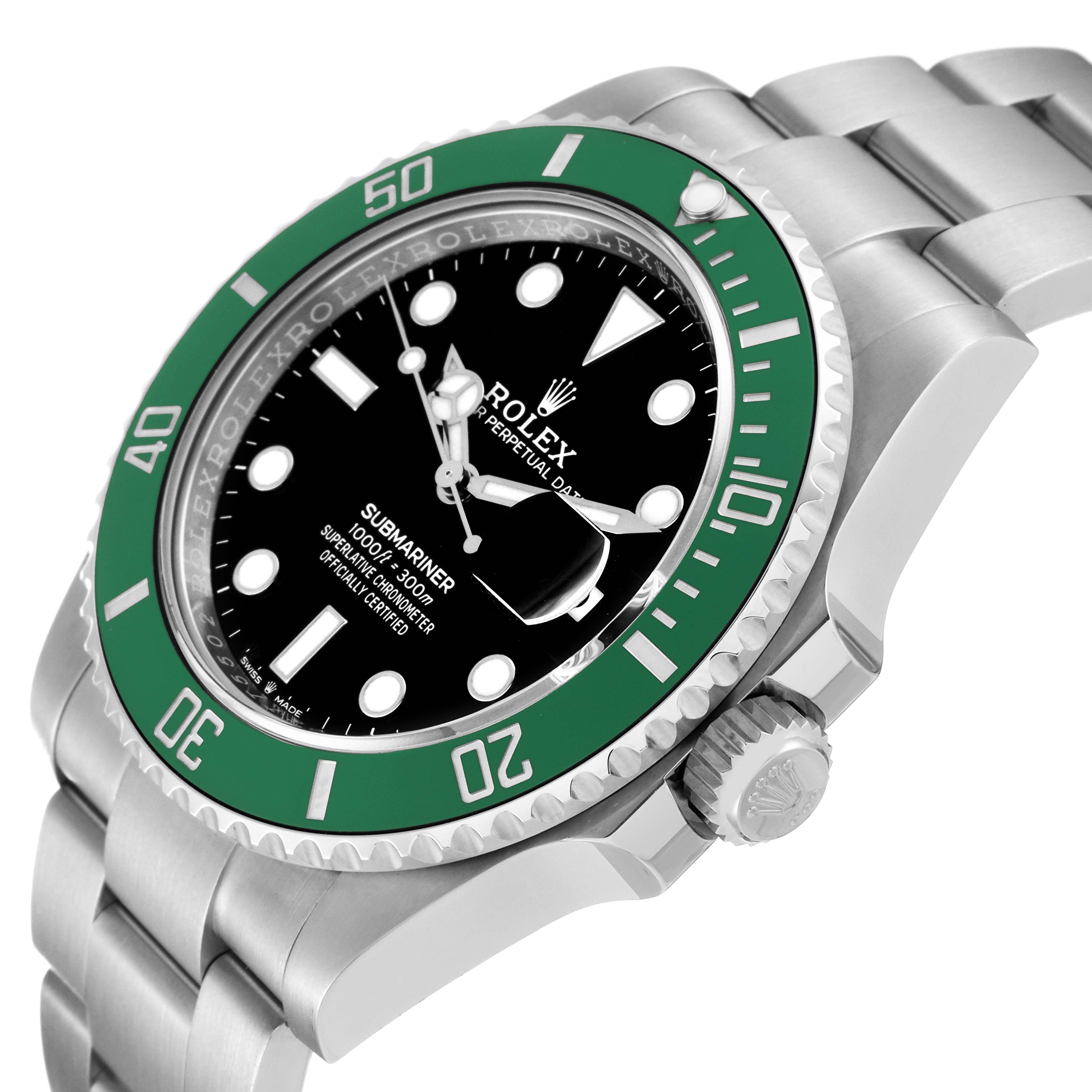 The Rolex Submariner 126610LV Men
s Stainless Steel Black Dial 126610LV Men
s Stainless Steel Black Dial watch is shown from an angled side view, displaying the green bezel, black dial, crown, and part of the bracelet.