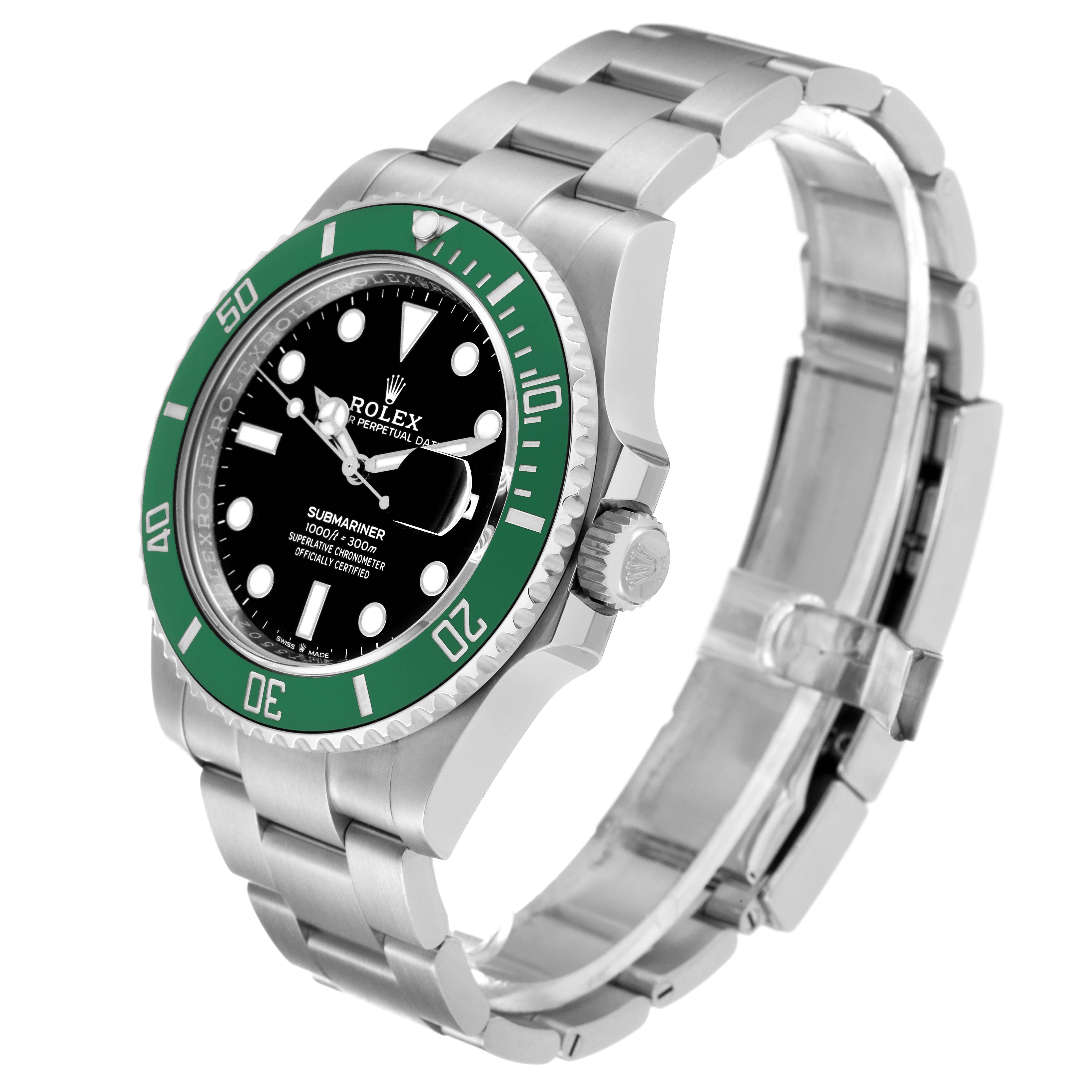 The Rolex Submariner 126610LV Men
s Stainless Steel Black Dial 126610LV Men
s Stainless Steel Black Dial watch is shown at a three-quarter angle, highlighting the dial, bezel, crown, and bracelet.
