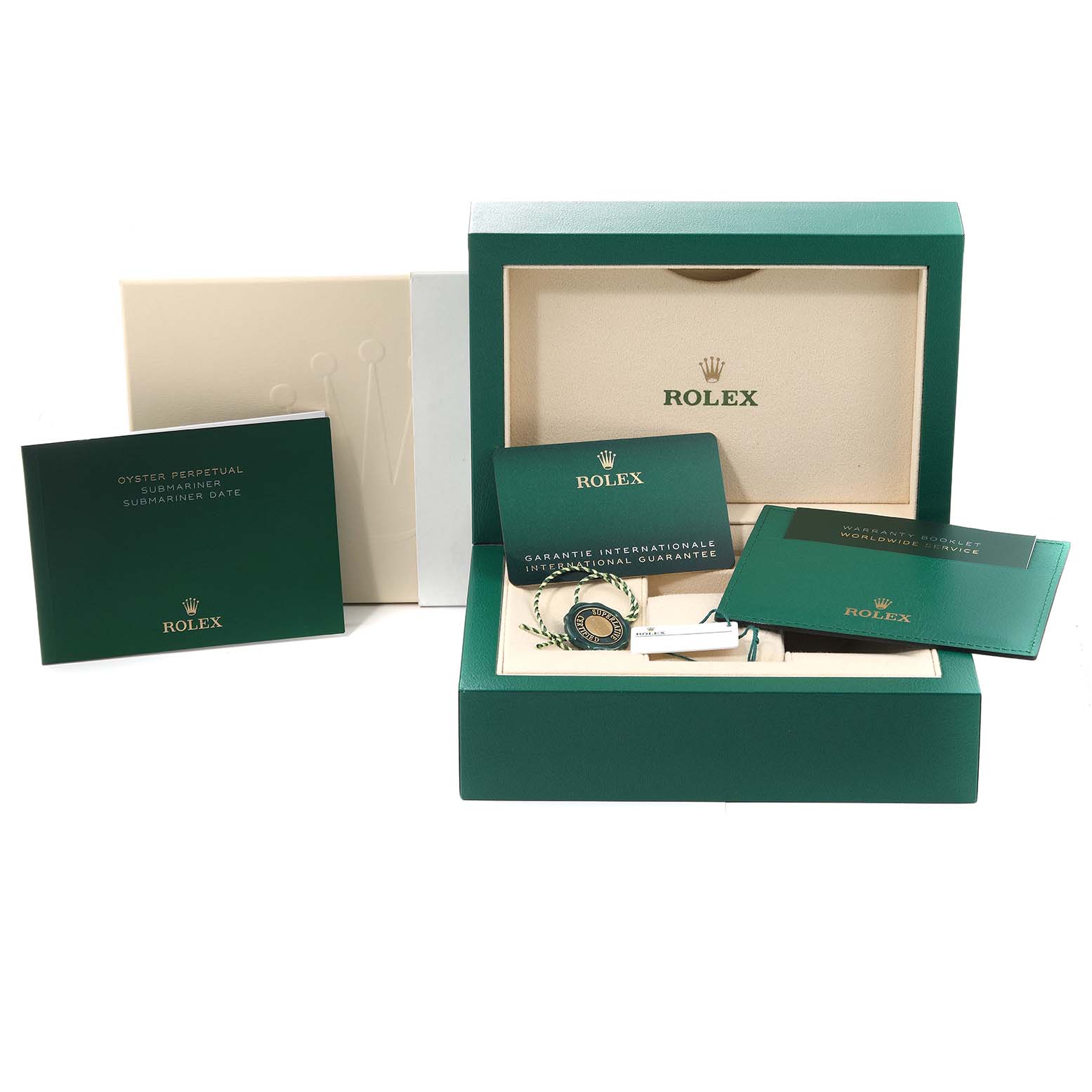 The image shows the packaging and accessories of a Rolex Submariner 126610LV Men
s Stainless Steel Black Dial 126610LV Men
s Stainless Steel Black Dial, including manuals and a guarantee card, from a frontal angle.