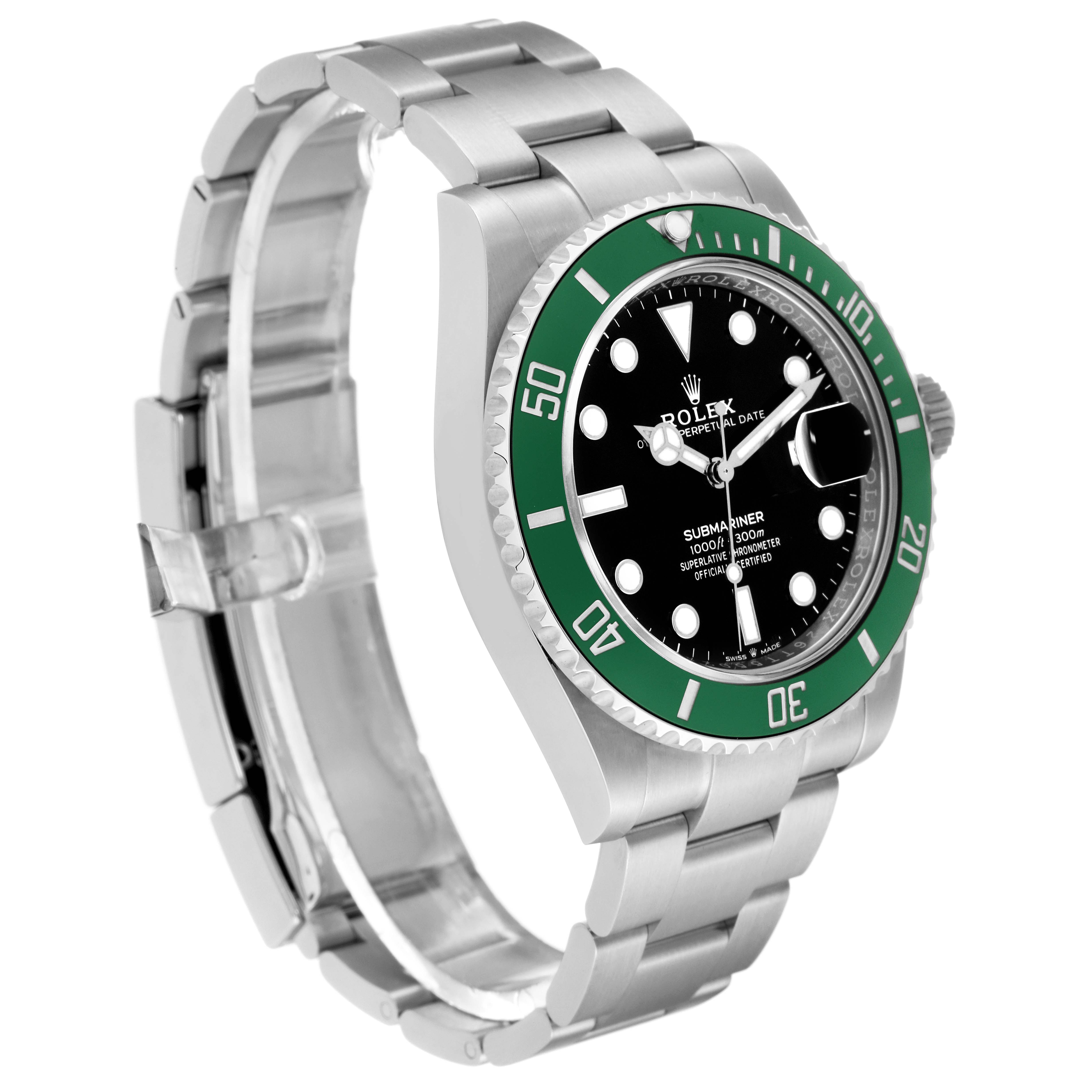 The Rolex Submariner 126610LV Men
s Stainless Steel Black Dial 126610LV Men
s Stainless Steel Black Dial is shown at a three-quarter angle, highlighting the green bezel, black dial, and stainless steel bracelet.