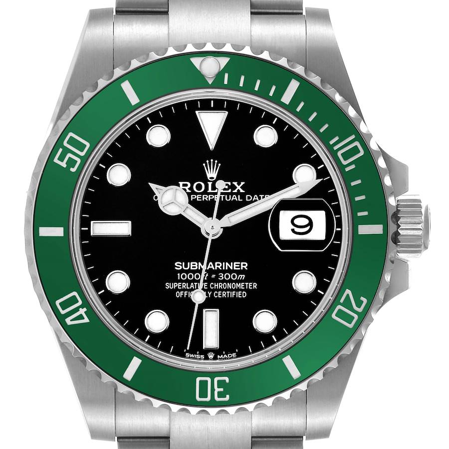 The Rolex Submariner watch is shown from a front angle, displaying the bezel, dial, hands, and bracelet.