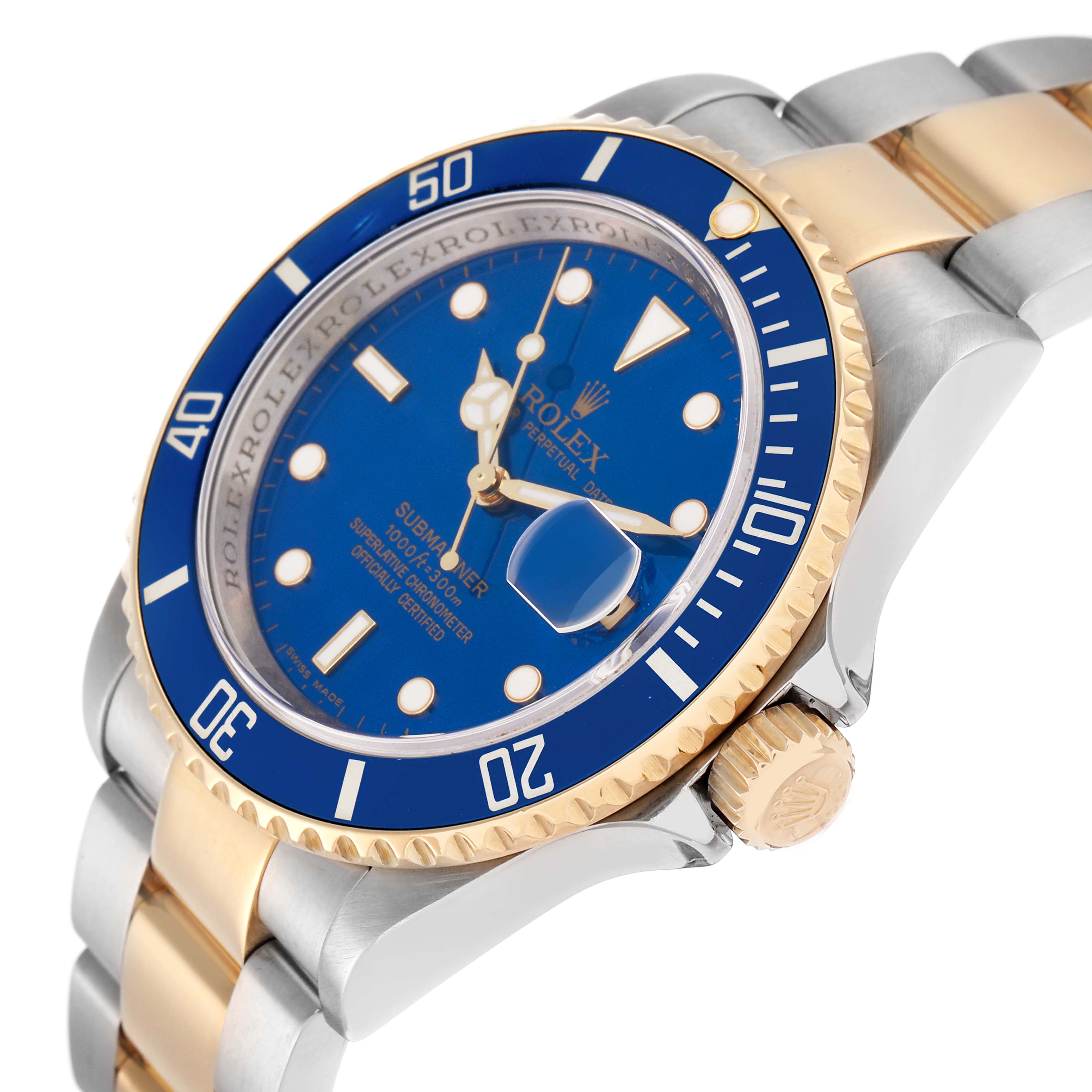 The Rolex Submariner 16613 Men
s Steel and Gold (two tone) Blue Dial 16613 Men
s Steel and Gold (two tone) Blue Dial is shown at a three-quarter angle, highlighting the blue dial, gold bezel, crown, and two-tone bracelet.