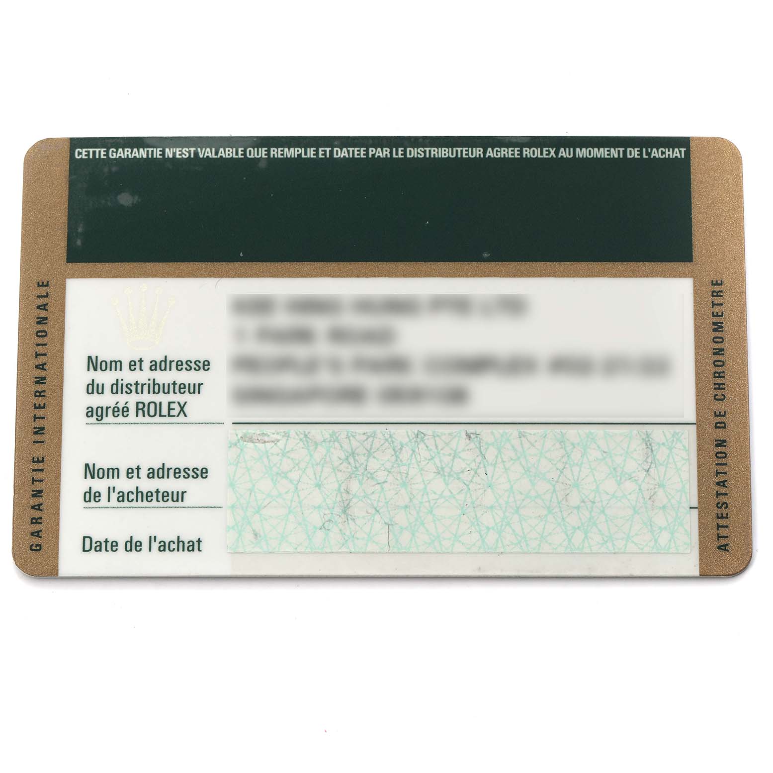 This image shows the warranty card for a Rolex Submariner 16613 Men
s Steel and Gold (two tone) Blue Dial 16613 Men
s Steel and Gold (two tone) Blue Dial, displaying brand information and purchase details.