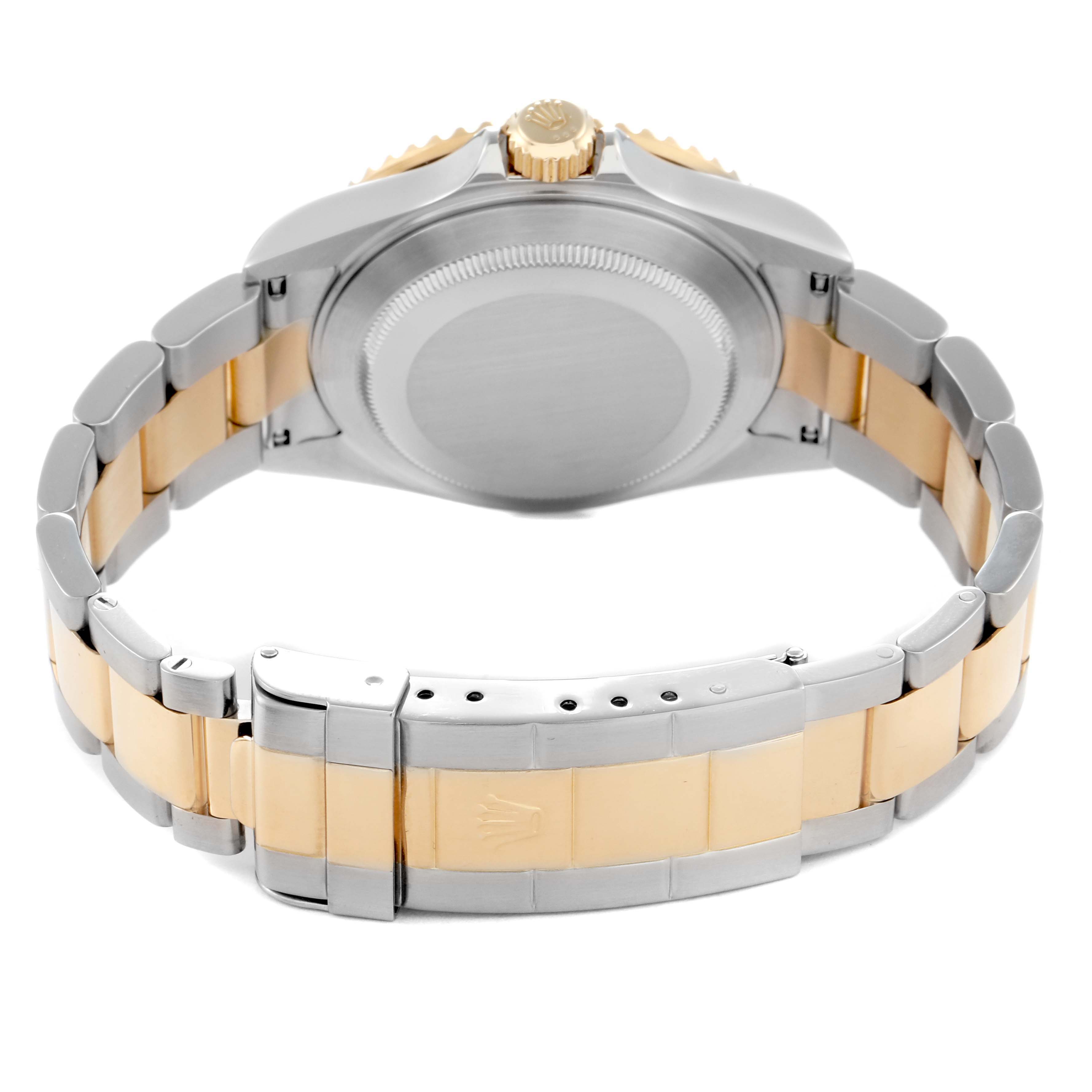 The image shows the back of the Rolex Submariner 16613 Men
s Steel and Gold (two tone) Blue Dial 16613 Men
s Steel and Gold (two tone) Blue Dial watch, displaying its clasp and bracelet in two-tone metal.