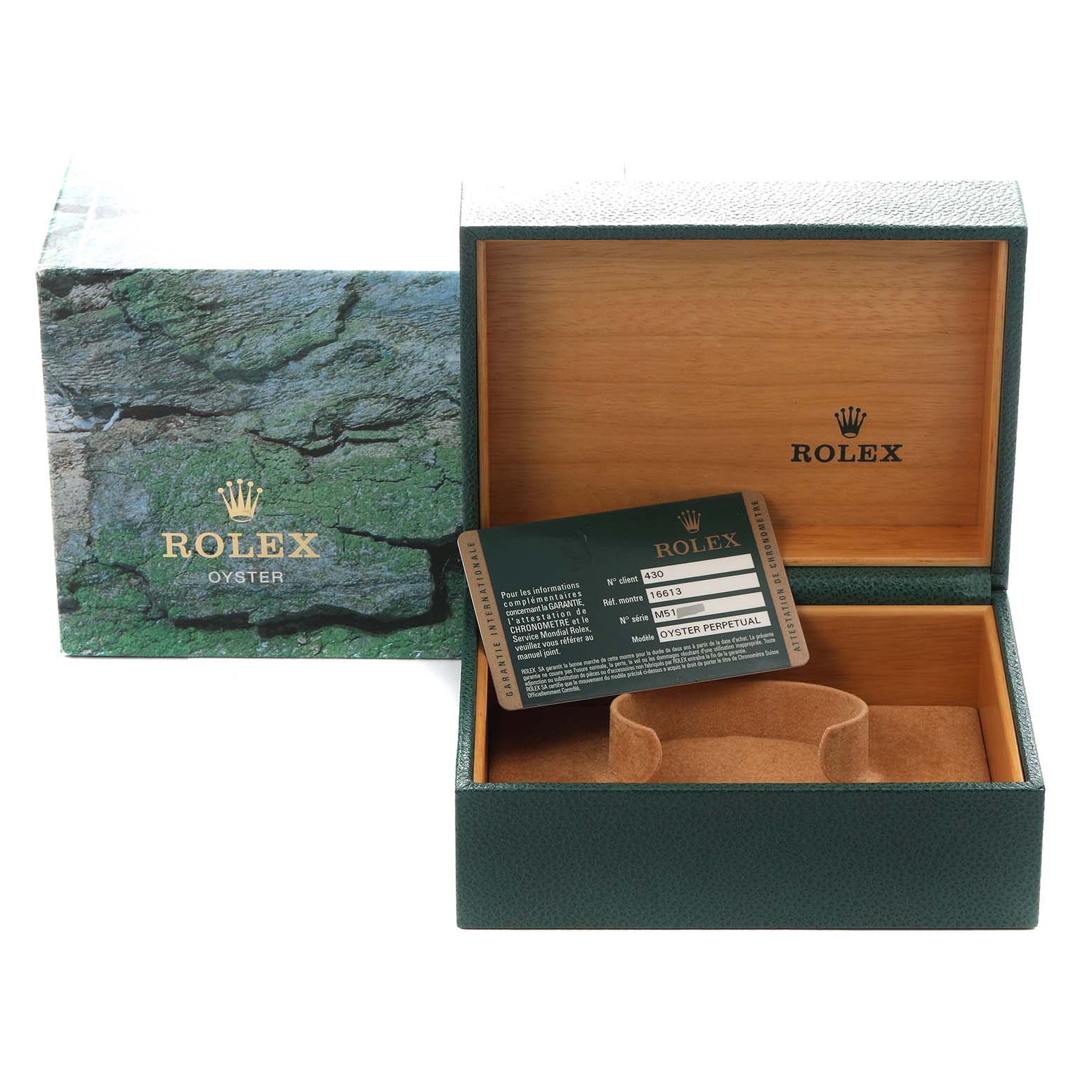 The image shows a Rolex Submariner 16613 Men
s Steel and Gold (two tone) Blue Dial 16613 Men
s Steel and Gold (two tone) Blue Dial watch box open with a certificate card, displaying the interior and exterior packaging.