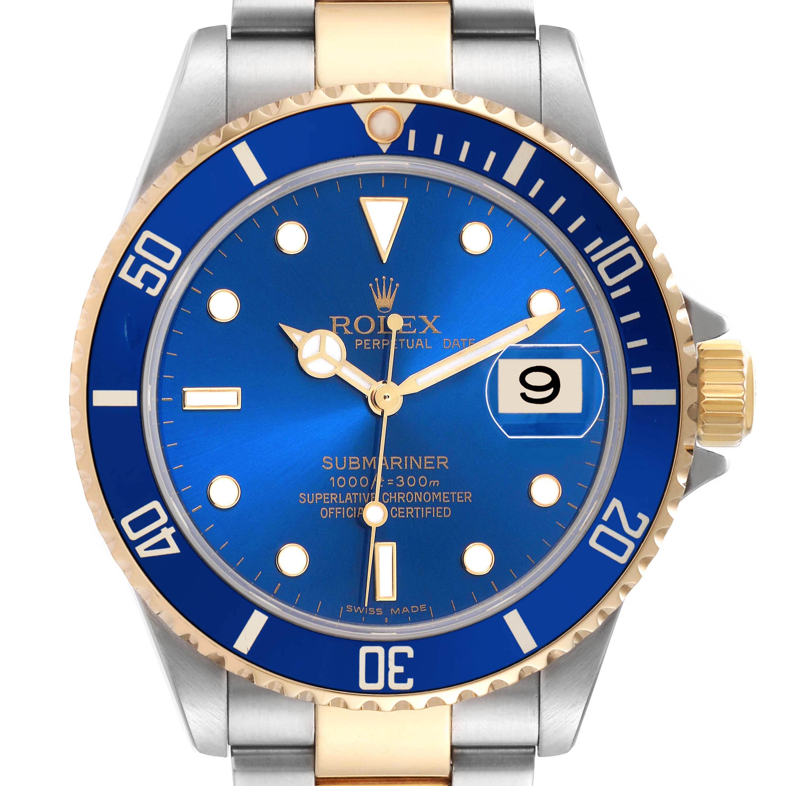 The Rolex Submariner 16613 Men
s Steel and Gold (two tone) Blue Dial 16613 Men
s Steel and Gold (two tone) Blue Dial watch is shown from a top view, displaying the blue dial, bezel, hands, date window, and part of the bracelet.