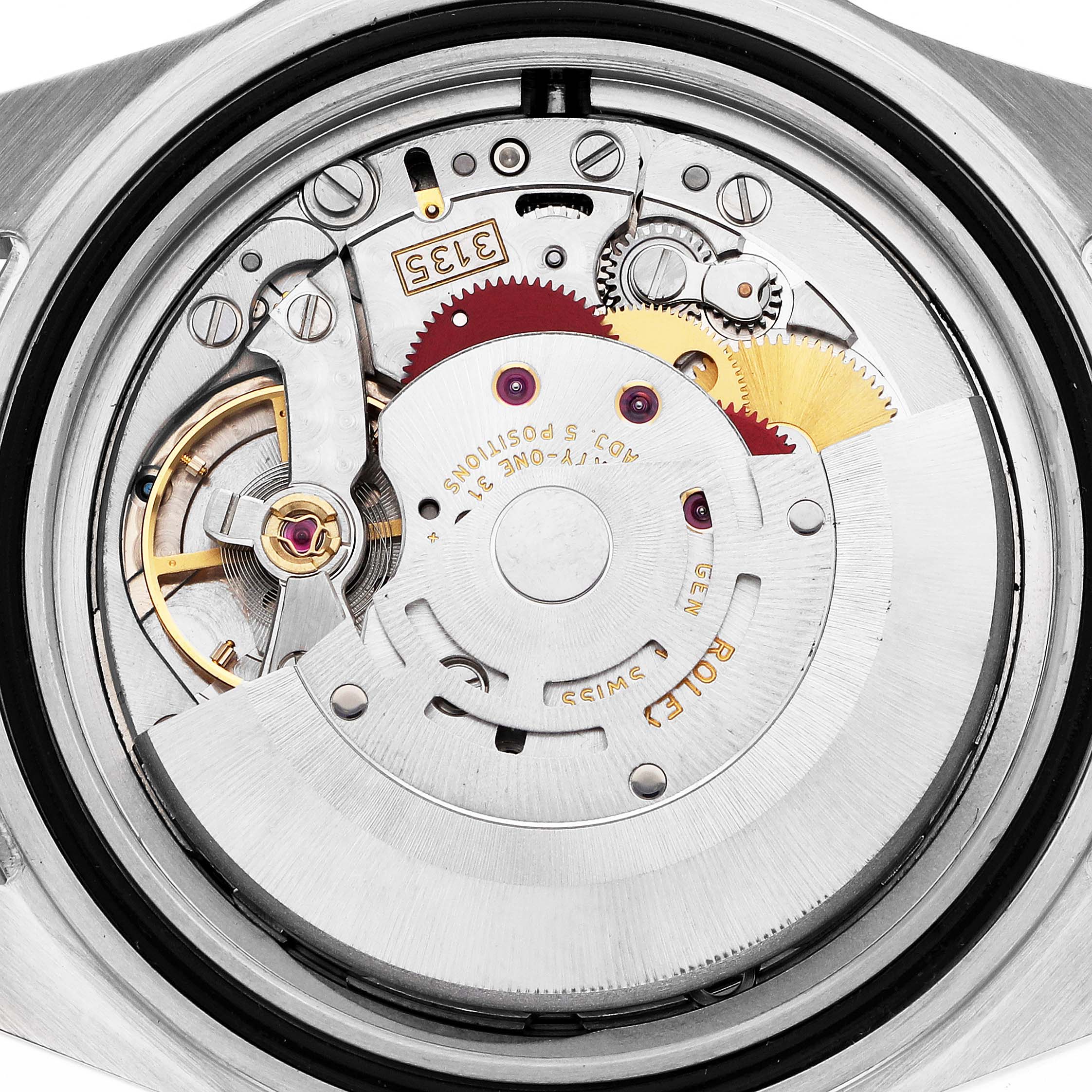 The image shows the internal movement of a Rolex Submariner 16613 Men
s Steel and Gold (two tone) Blue Dial 16613 Men
s Steel and Gold (two tone) Blue Dial, emphasizing its intricate mechanical components.