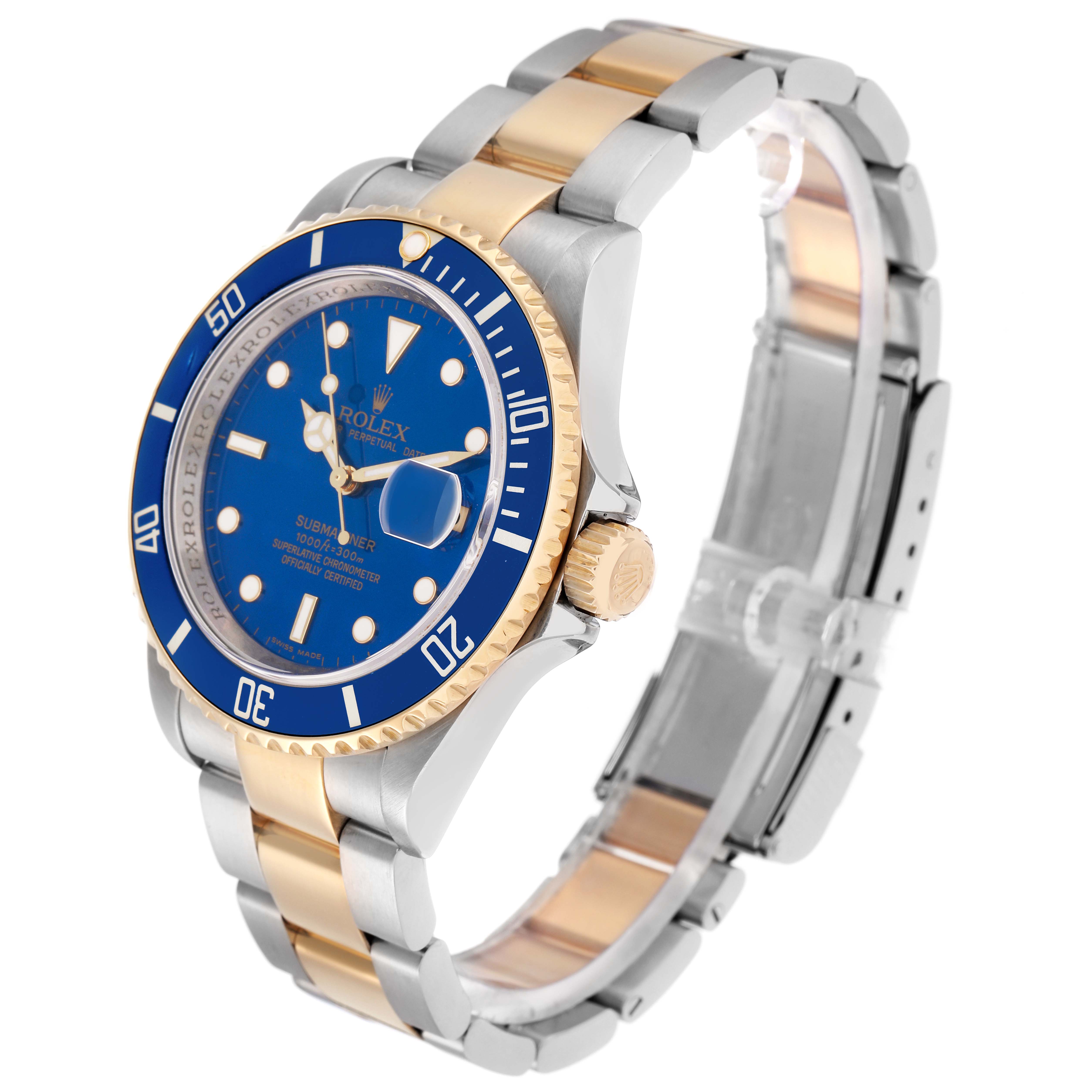 The Rolex Submariner 16613 Men
s Steel and Gold (two tone) Blue Dial 16613 Men
s Steel and Gold (two tone) Blue Dial watch is shown at a three-quarter angle, highlighting the bezel, dial, crown, and bracelet.