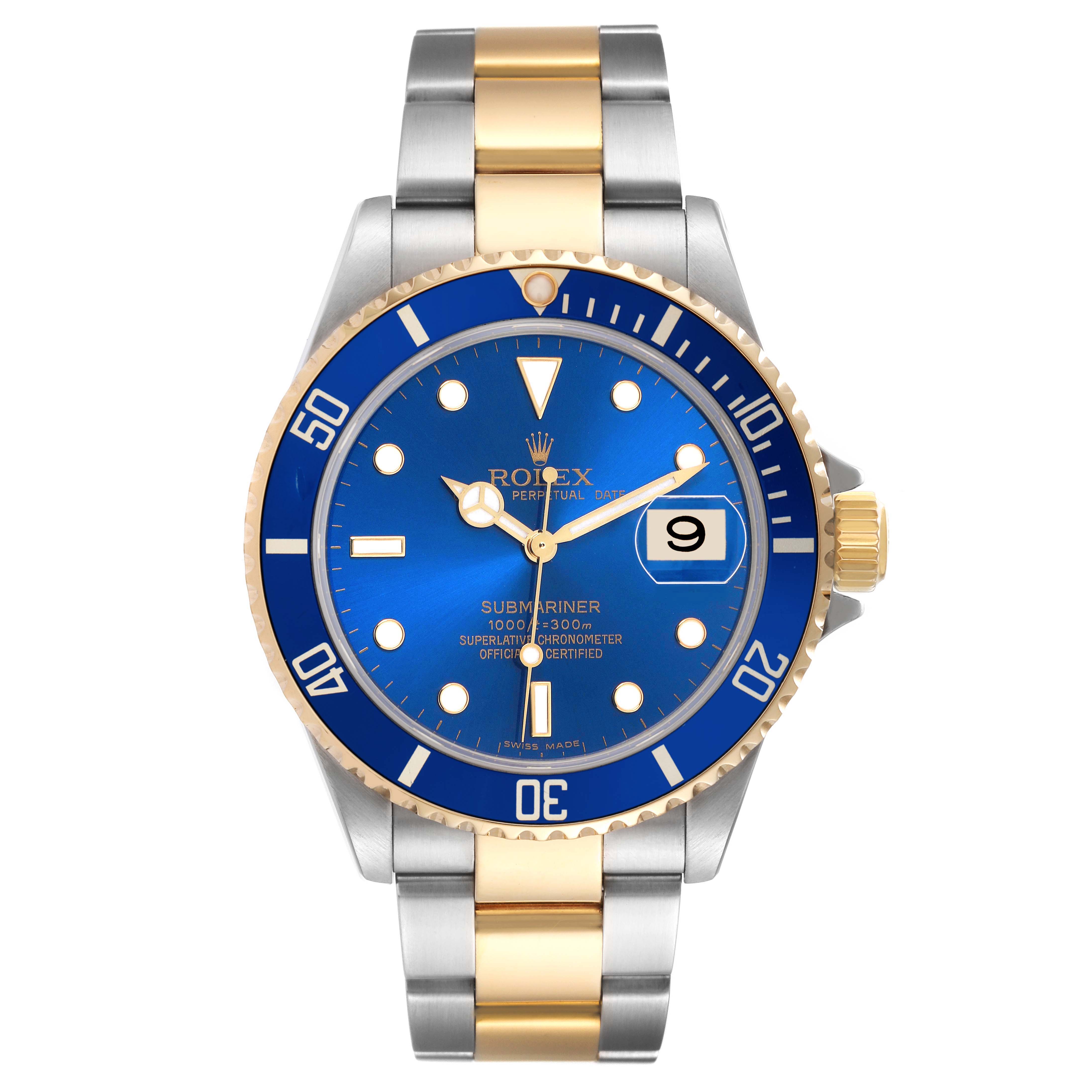 This Rolex Submariner 16613 Men
s Steel and Gold (two tone) Blue Dial 16613 Men
s Steel and Gold (two tone) Blue Dial watch is shown from a top-down angle, highlighting its blue dial, bezel, and two-tone bracelet.