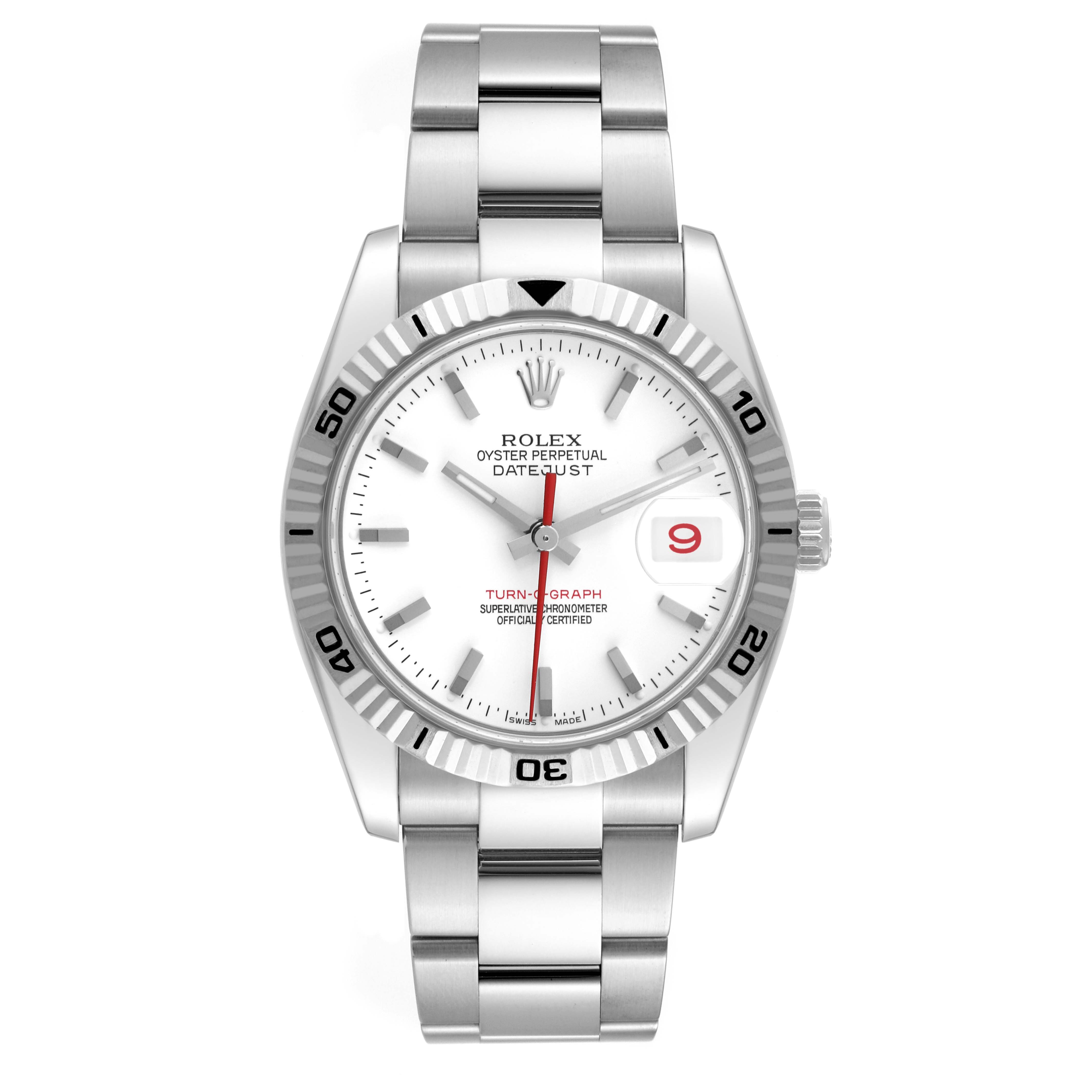 The image shows a Rolex Turn-o-Graph 116264 Men
s Stainless Steel White Dial 116264 Men
s Stainless Steel White Dial watch from a front angle, displaying the dial, bezel, and bracelet.