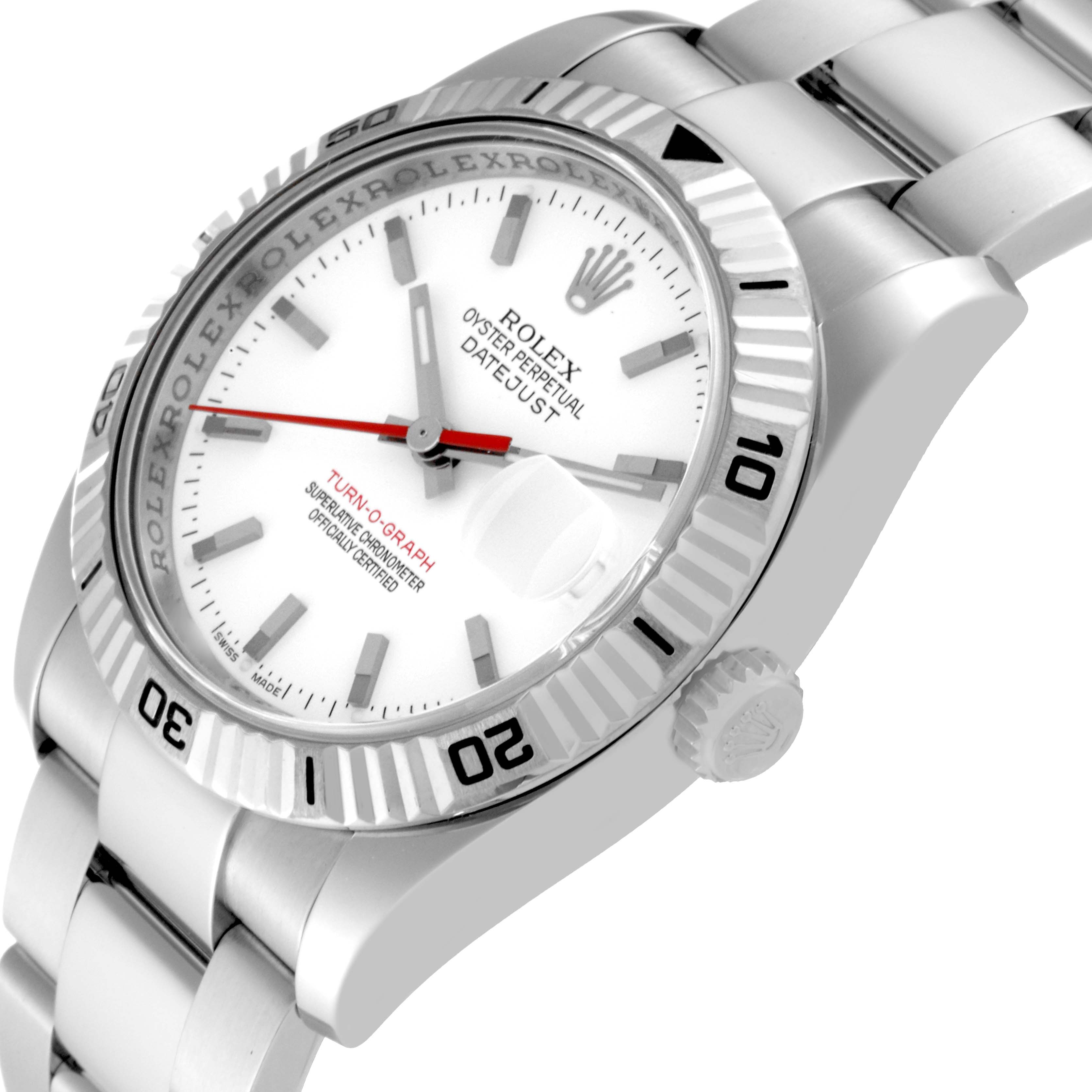 The image shows a close-up angled view of the Rolex Turn-o-Graph 116264 Men
s Stainless Steel White Dial 116264 Men
s Stainless Steel White Dial, highlighting its dial, bezel, crown, and part of the bracelet.
