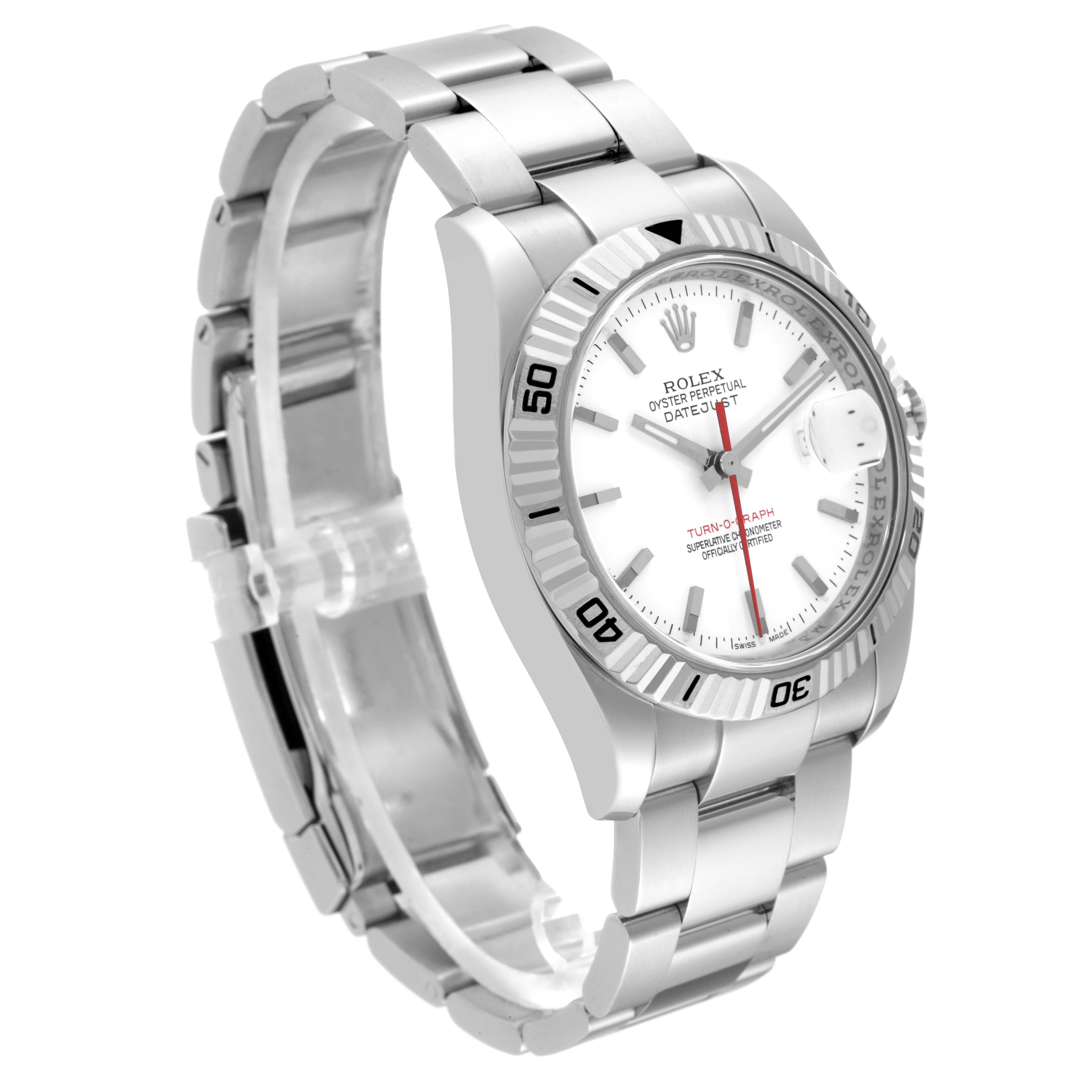 The Rolex Turn-o-Graph 116264 Men
s Stainless Steel White Dial 116264 Men
s Stainless Steel White Dial watch is shown at an angle displaying its face, bezel, and metal strap.