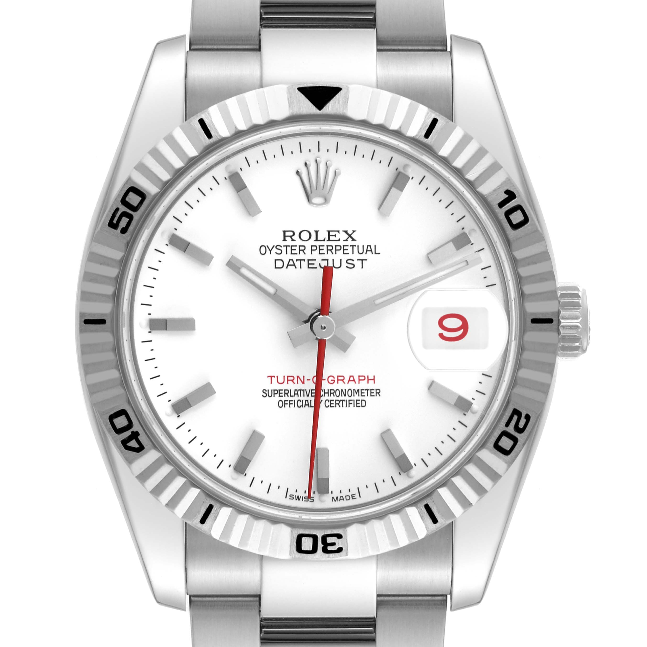 The image shows a Rolex Turn-o-Graph 116264 Men
s Stainless Steel White Dial 116264 Men
s Stainless Steel White Dial model, highlighting its face, bezel, crown, and part of the bracelet, taken from a top angle.