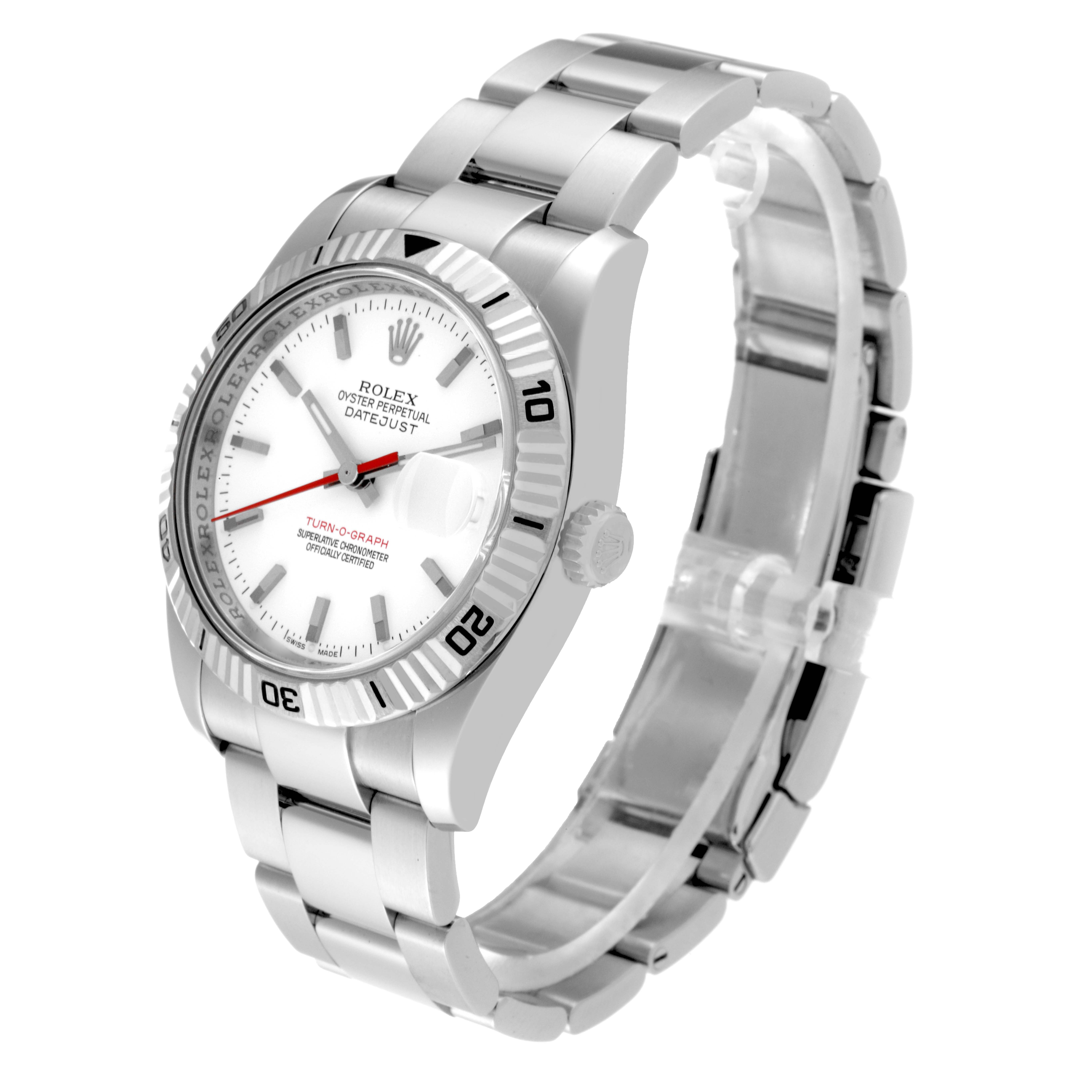 This image shows a Rolex Turn-o-Graph 116264 Men
s Stainless Steel White Dial 116264 Men
s Stainless Steel White Dial watch at a three-quarter angle, highlighting the face, bezel, crown, and bracelet.