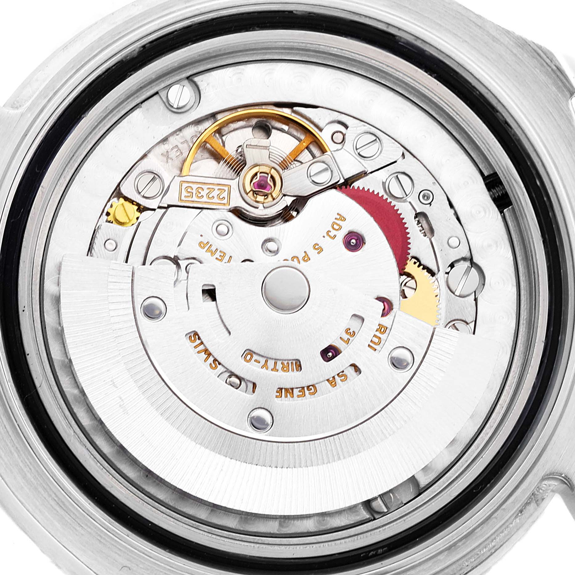 This image shows the intricate internal mechanism of a Rolex Yacht-Master 168622 Men's Platinum Silver Dial 168622 Men's Platinum Silver Dial watch, viewed from the back.