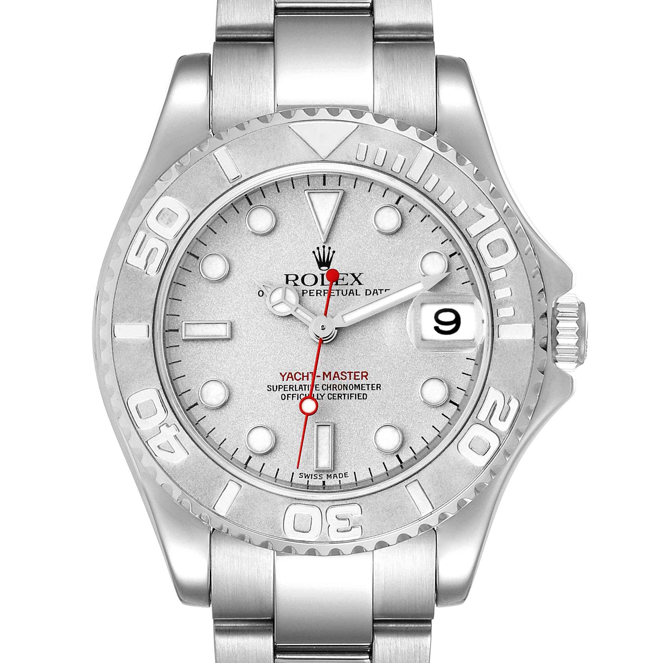 The Rolex Yacht-Master 168622 Men's Platinum Silver Dial 168622 Men's Platinum Silver Dial watch is shown from a front angle, displaying the dial, bezel, and part of the bracelet.