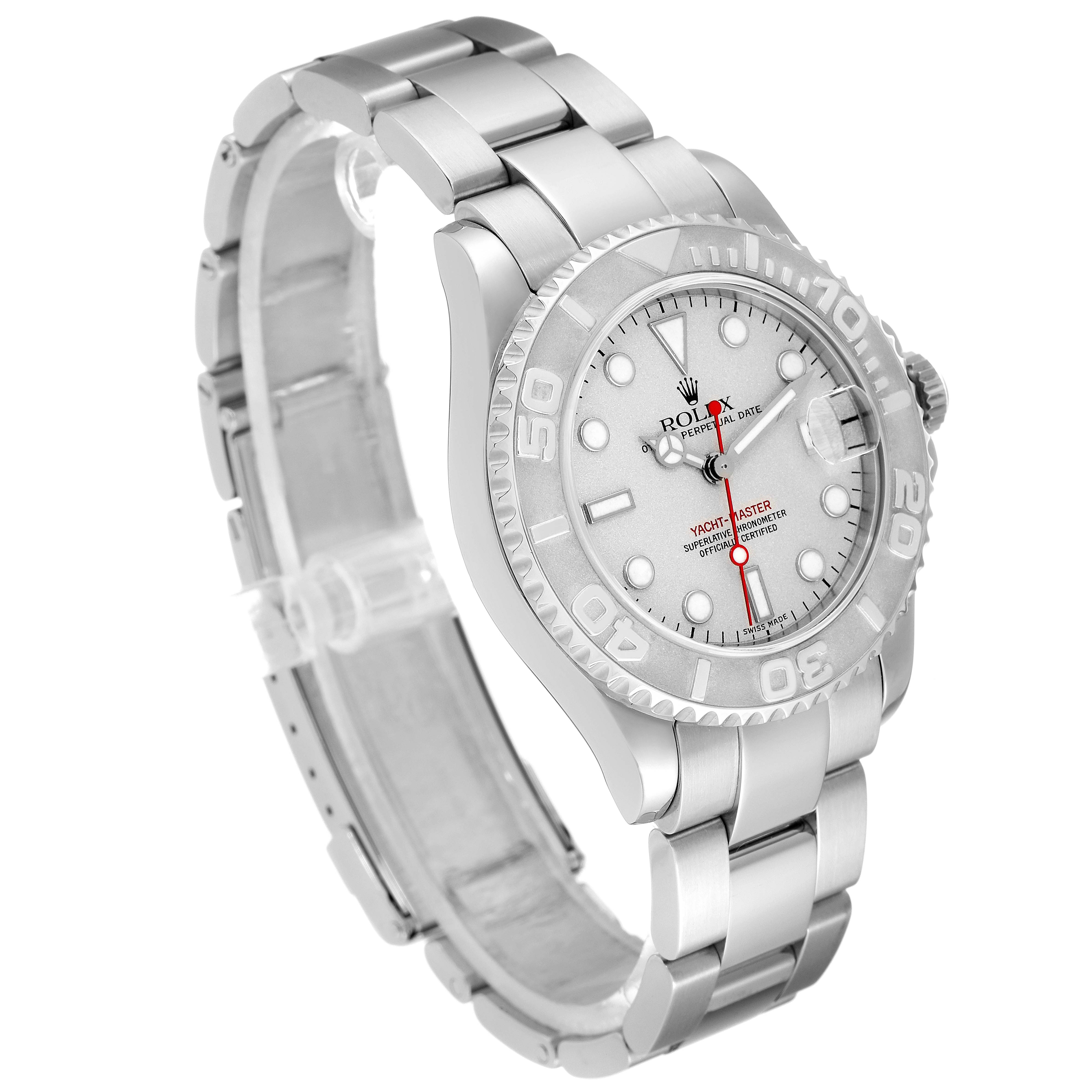 The Rolex Yacht-Master 168622 Men's Platinum Silver Dial 168622 Men's Platinum Silver Dial watch is shown at an angled side view highlighting the dial, bracelet, and bezel.