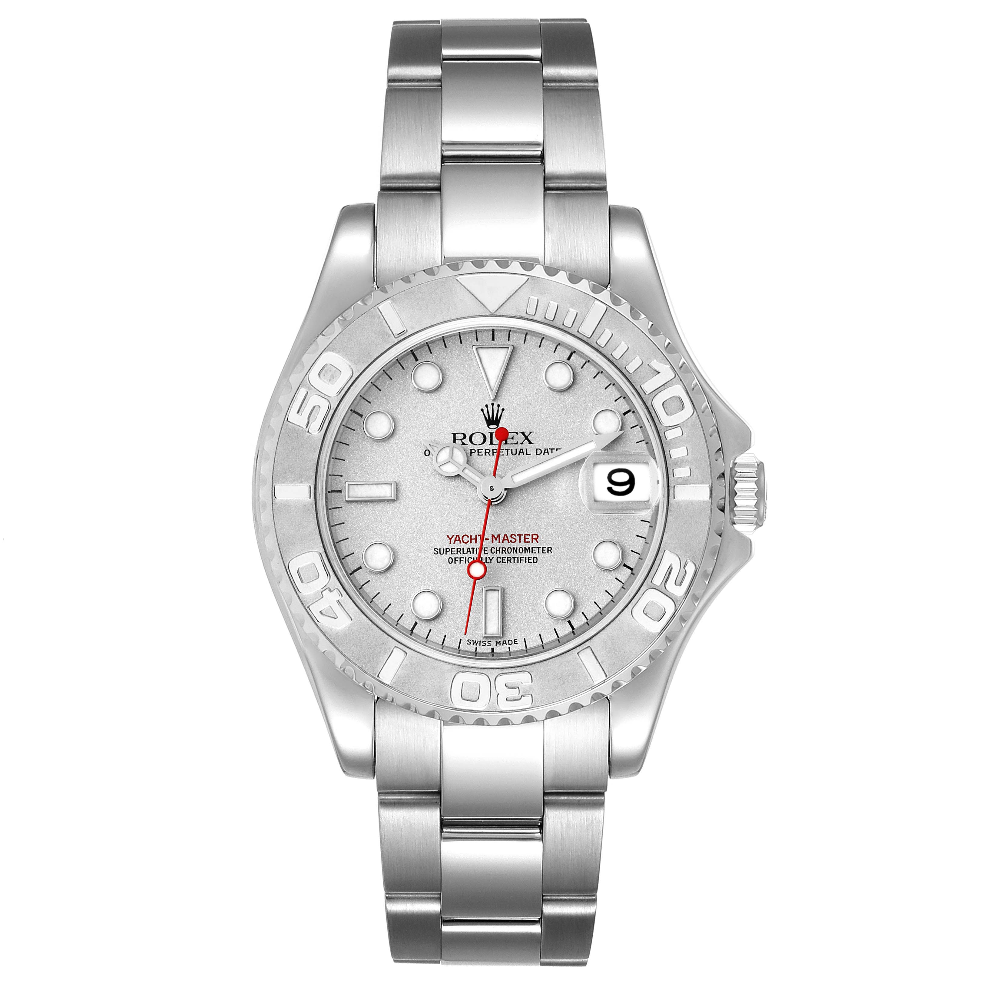 This image shows a front view of the Rolex Yacht-Master 168622 Men's Platinum Silver Dial 168622 Men's Platinum Silver Dial watch, including the dial, bezel, case, and bracelet.