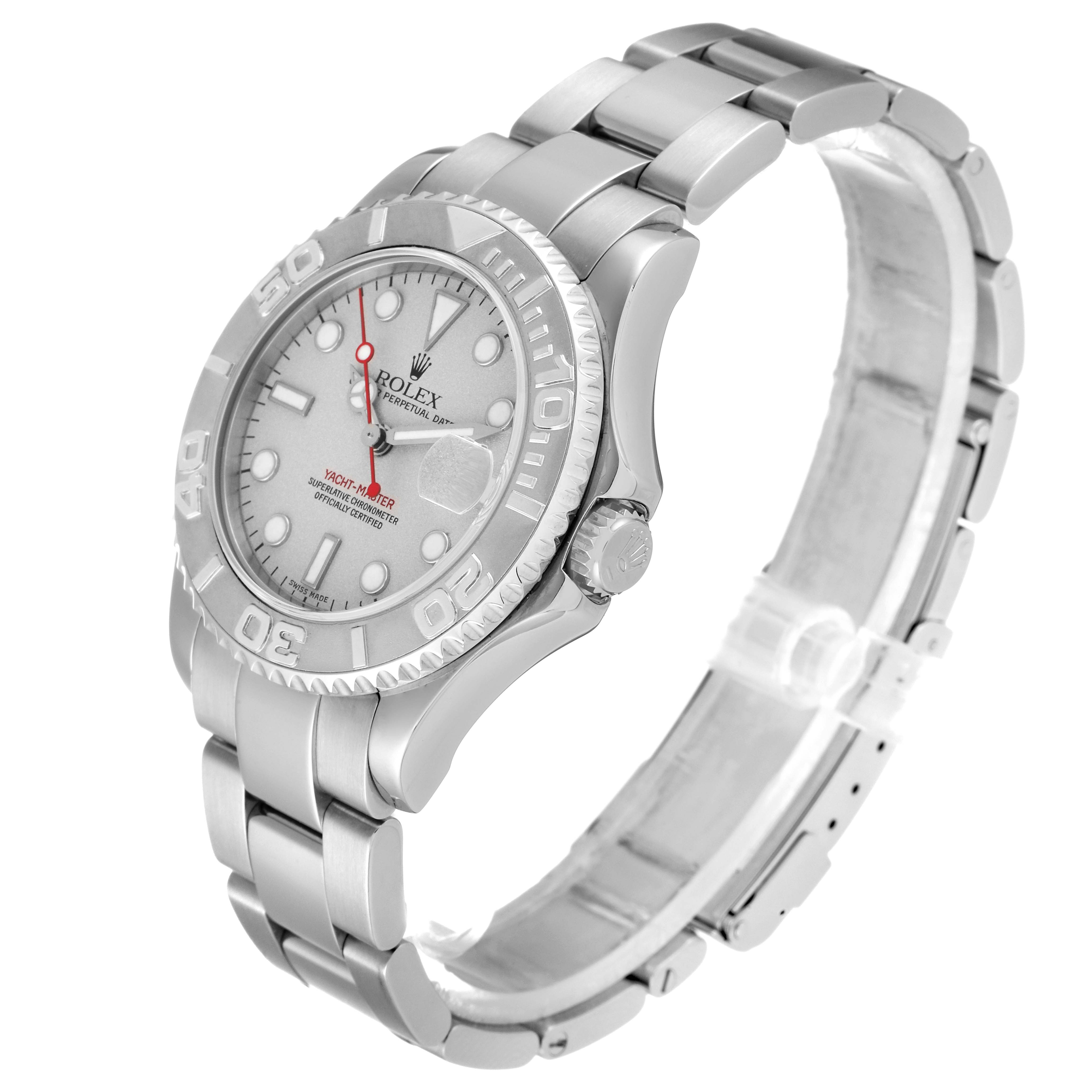 The image shows a side and front angle of the Rolex Yacht-Master 168622 Men's Platinum Silver Dial 168622 Men's Platinum Silver Dial watch, detailing the bezel, dial, crown, and bracelet.