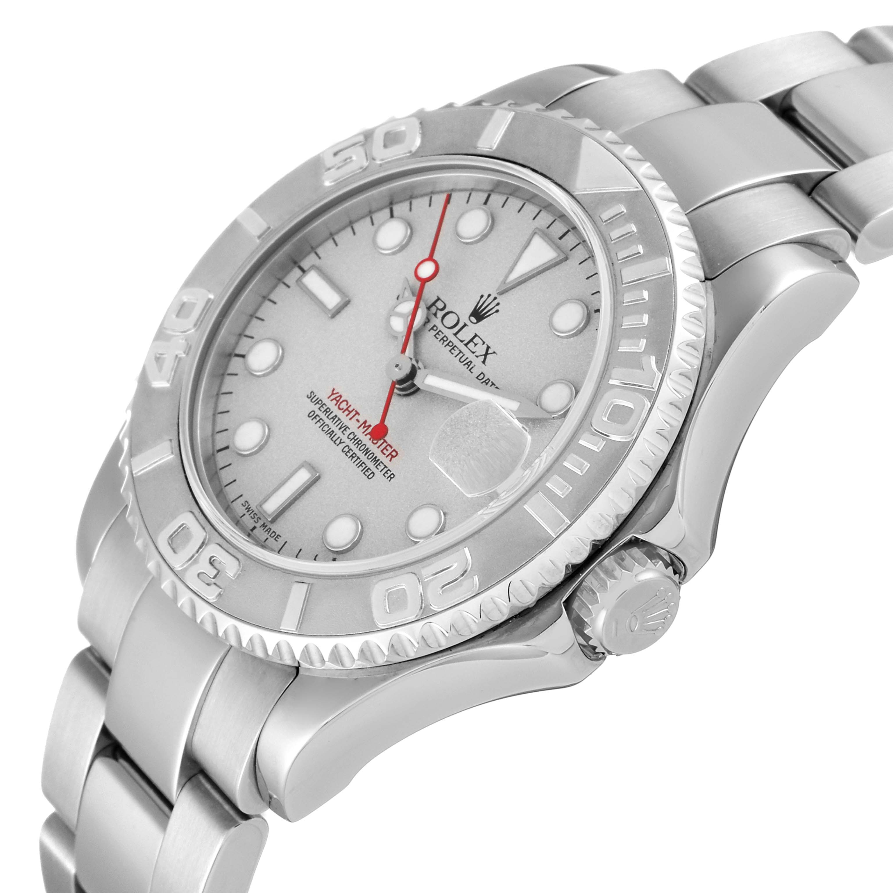 The image shows a side angle of the Rolex Yacht-Master 168622 Men's Platinum Silver Dial 168622 Men's Platinum Silver Dial watch showcasing its bezel, dial, crown, and part of the bracelet.