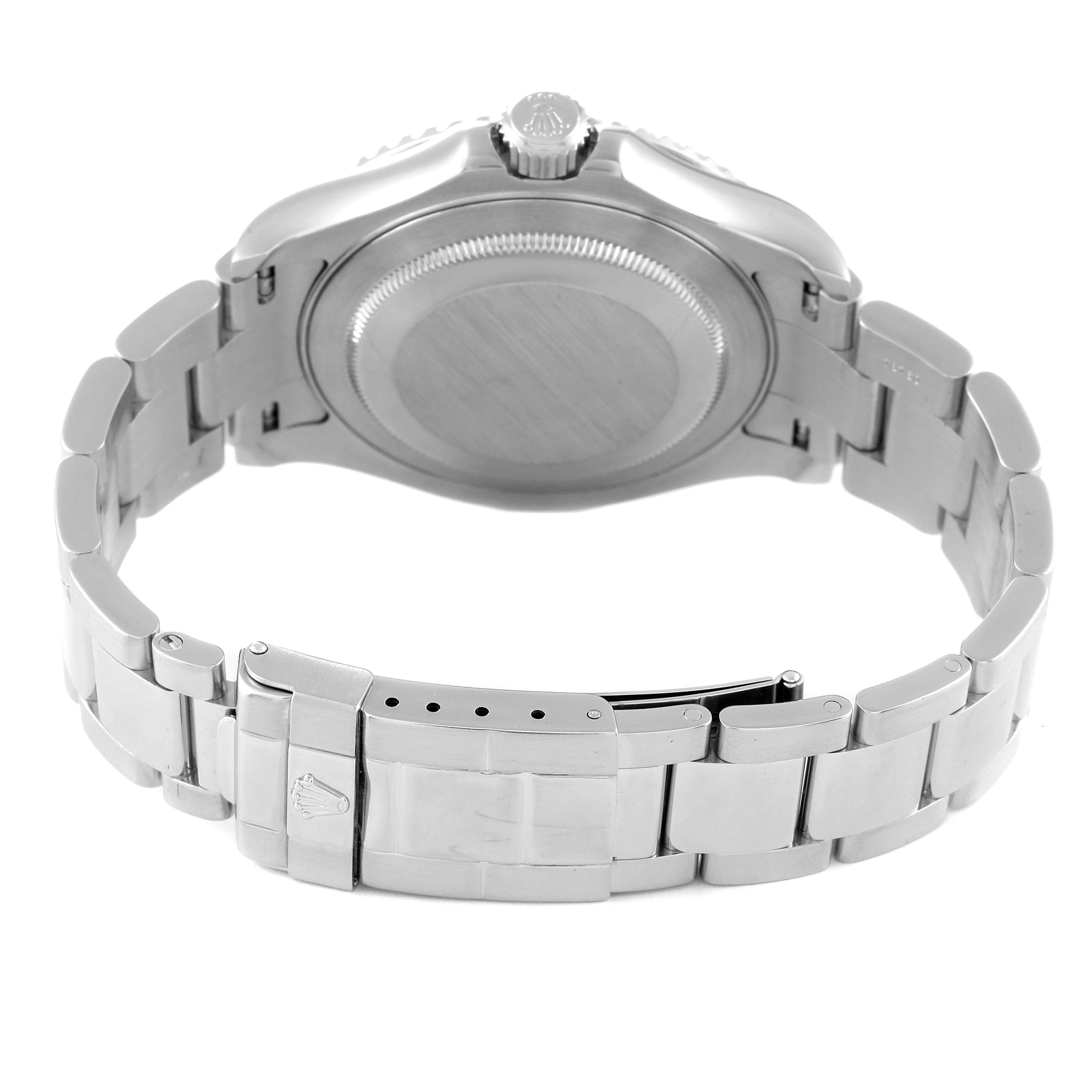 This image shows the back view of the Rolex Yacht-Master 16622 Men
s Stainless Steel Silver Dial 16622 Men
s Stainless Steel Silver Dial watch, highlighting the case back and bracelet clasp.
