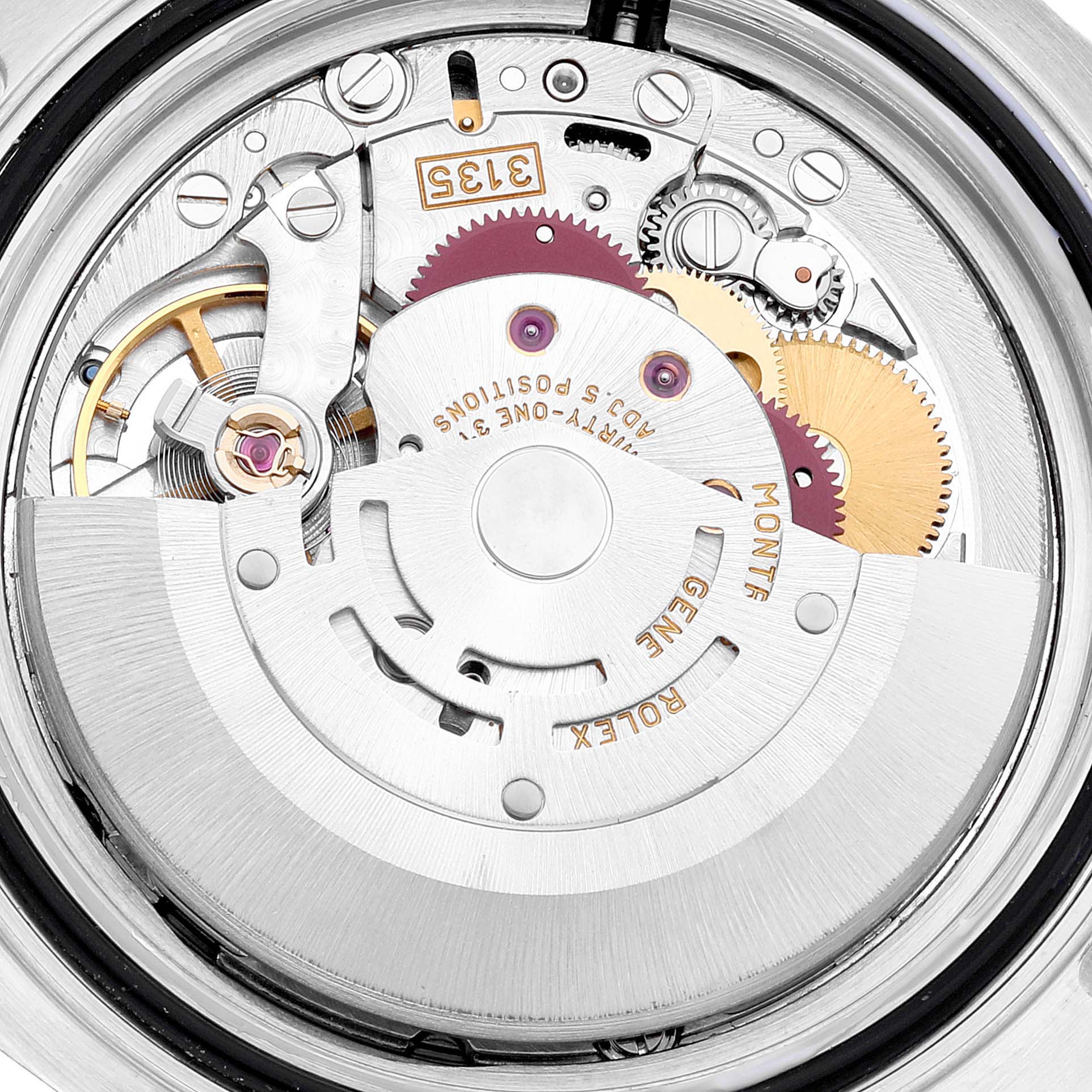 This image shows the intricate inner movement mechanism of a Rolex Yacht-Master 16622 Men
s Stainless Steel Silver Dial 16622 Men
s Stainless Steel Silver Dial watch, viewed from the back.